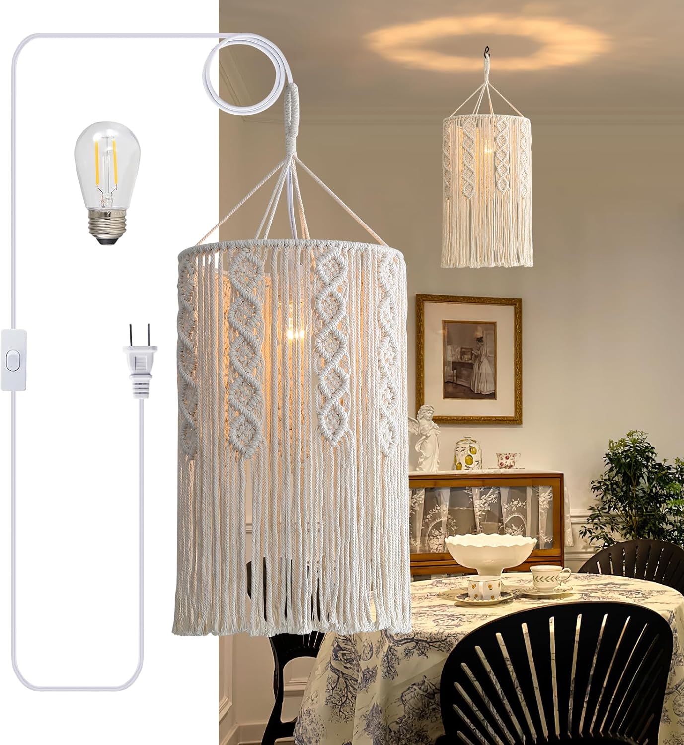 Bioaqua Boho Lamp Shade,Boho Hanging Lamp Handmade Macrame Lamp Shade