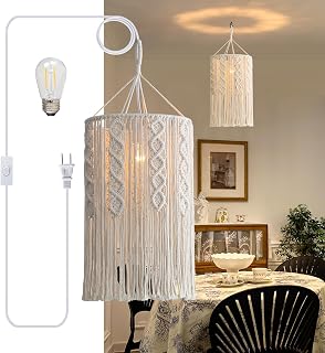 Bioaqua Boho Macrame Lamp Shade - Handmade Plug-in Hanging Pendant Light for Bohemian Bedroom Living Room Decor (Type 5)