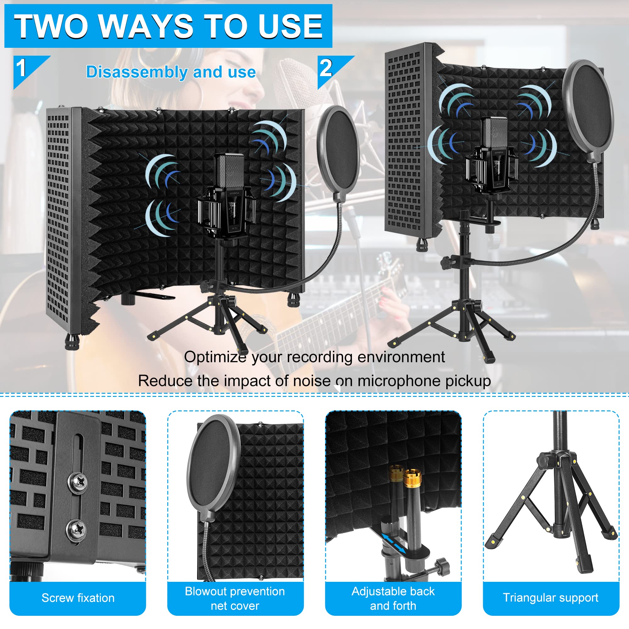 Bouclier d'isolation pour microphone avec trépied et panneau incurvé