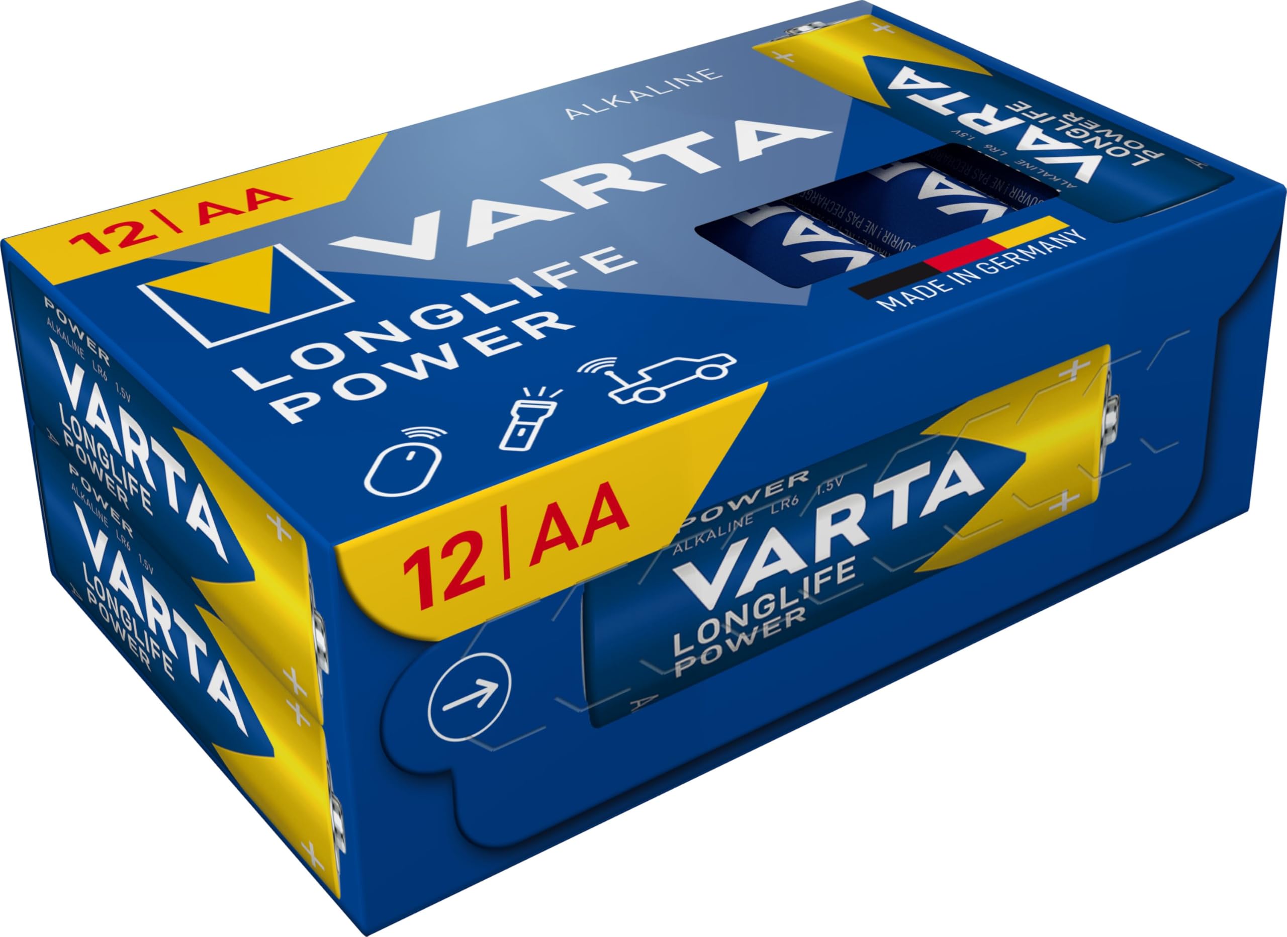VARTA Piles AA, lot de 12, Longlife Power, Alcalines, 1,​5V, Cube, emballage recyclé à 90%, adaptées aux jouets, souris sans fil, lampes de poche, Made in Germany