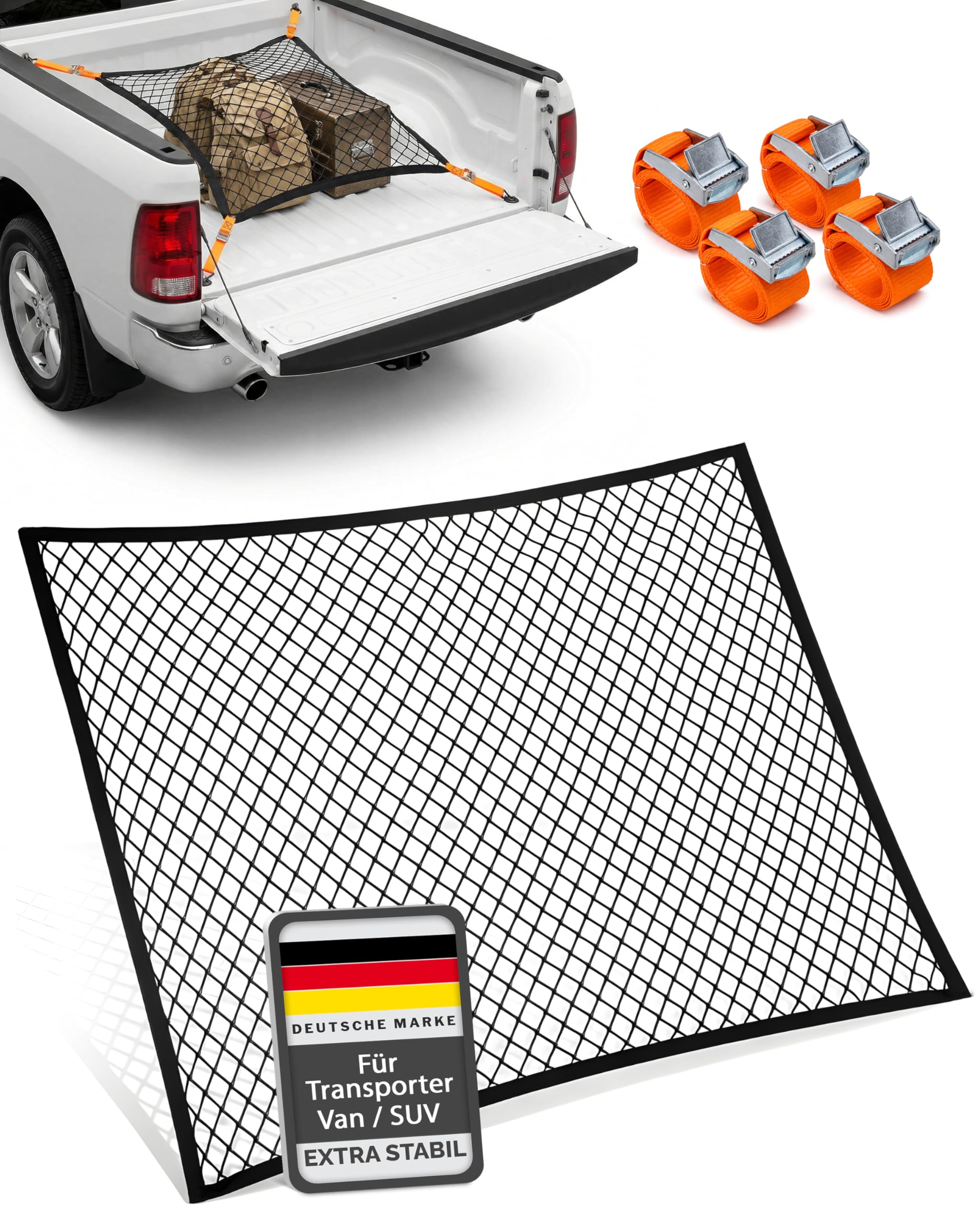Vicera Gepäcknetz Kofferraum Netz 120x100 cm mit 4 Spanngurten • Kofferraumnetz fürs große SUVs, Transporter, Busse, Vans • Gepäcknetz Auto Ladungssicherung mit Zurrgurten für den Kofferraum
