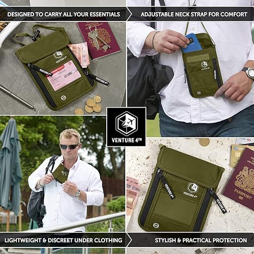 Miniatura 4 de Cartera de viaje para el cuello con bloqueo RFID, bolsa de cuello para pasaporte para hombres y mujeres para mantener los documentos seguros, Verde,