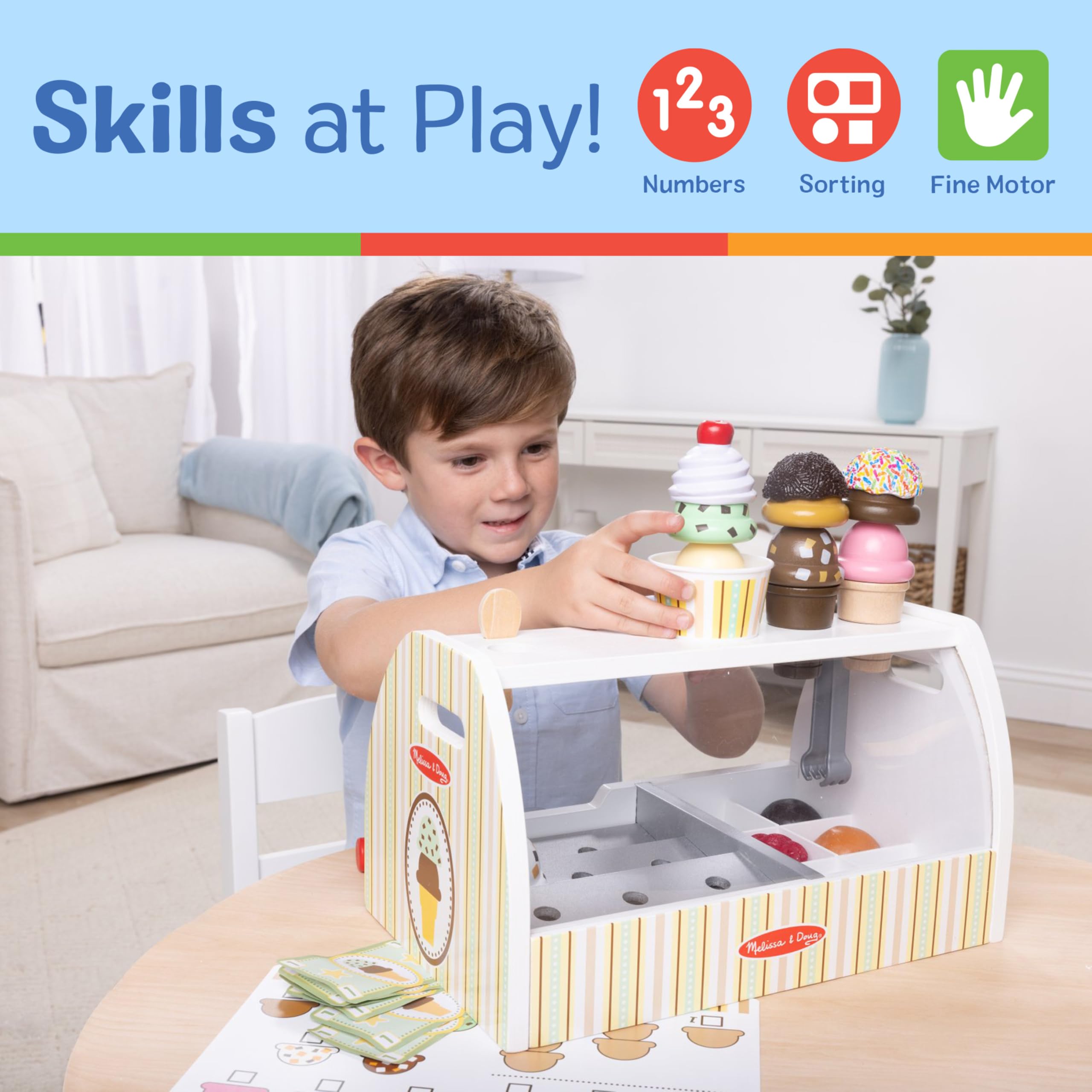Melissa & Doug Wooden Scoop and Serve Ice Cream Counter (28 pcs) - Play Food and Accessories