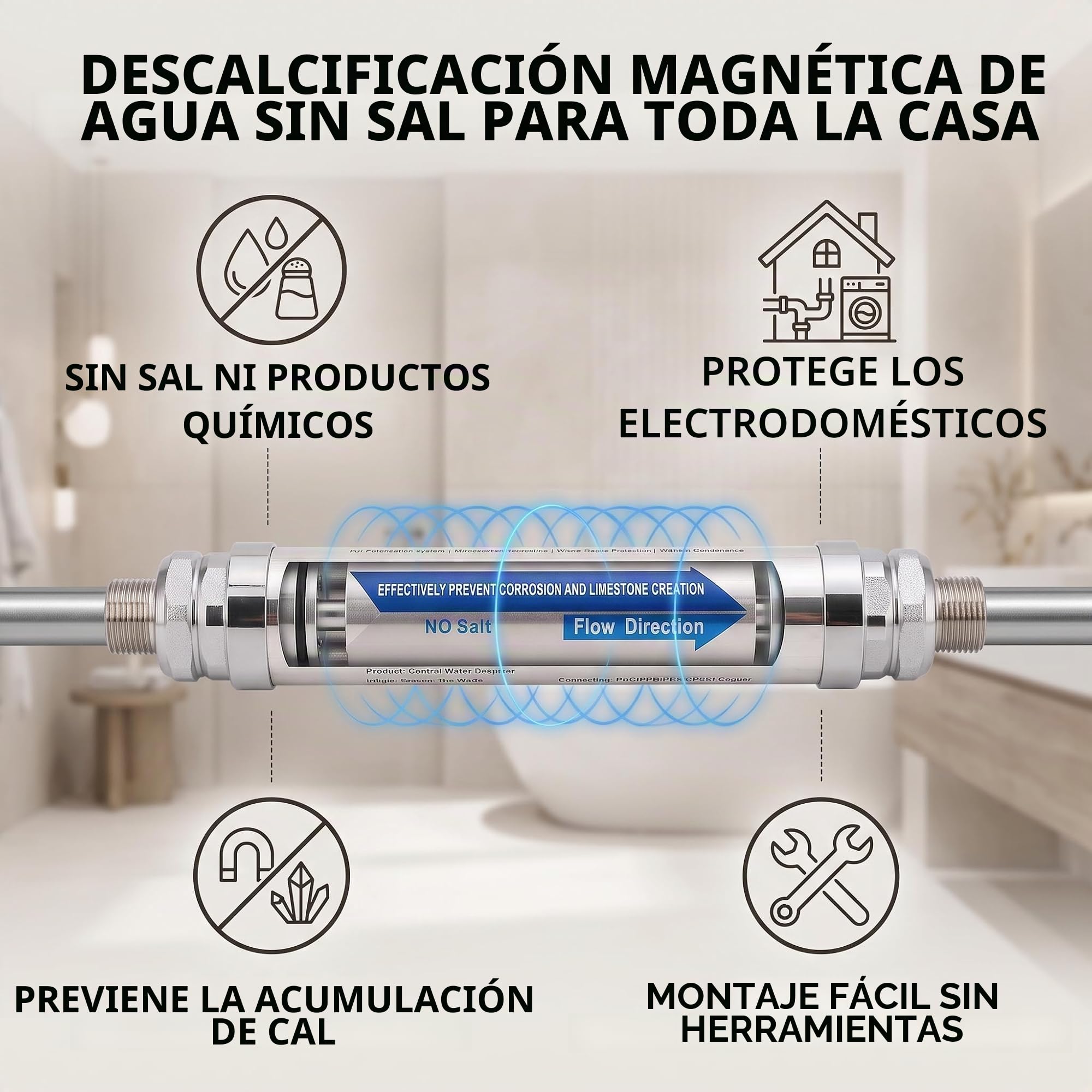 AUNMAS Descalcificador de Agua No Salada Suavizante de Báscula para Toda la Casa Ablandador de Agua Magnético para Tuberías Calentadores Electrodomésticos con Acero Inoxidable (1/2 pulgada (DN15))