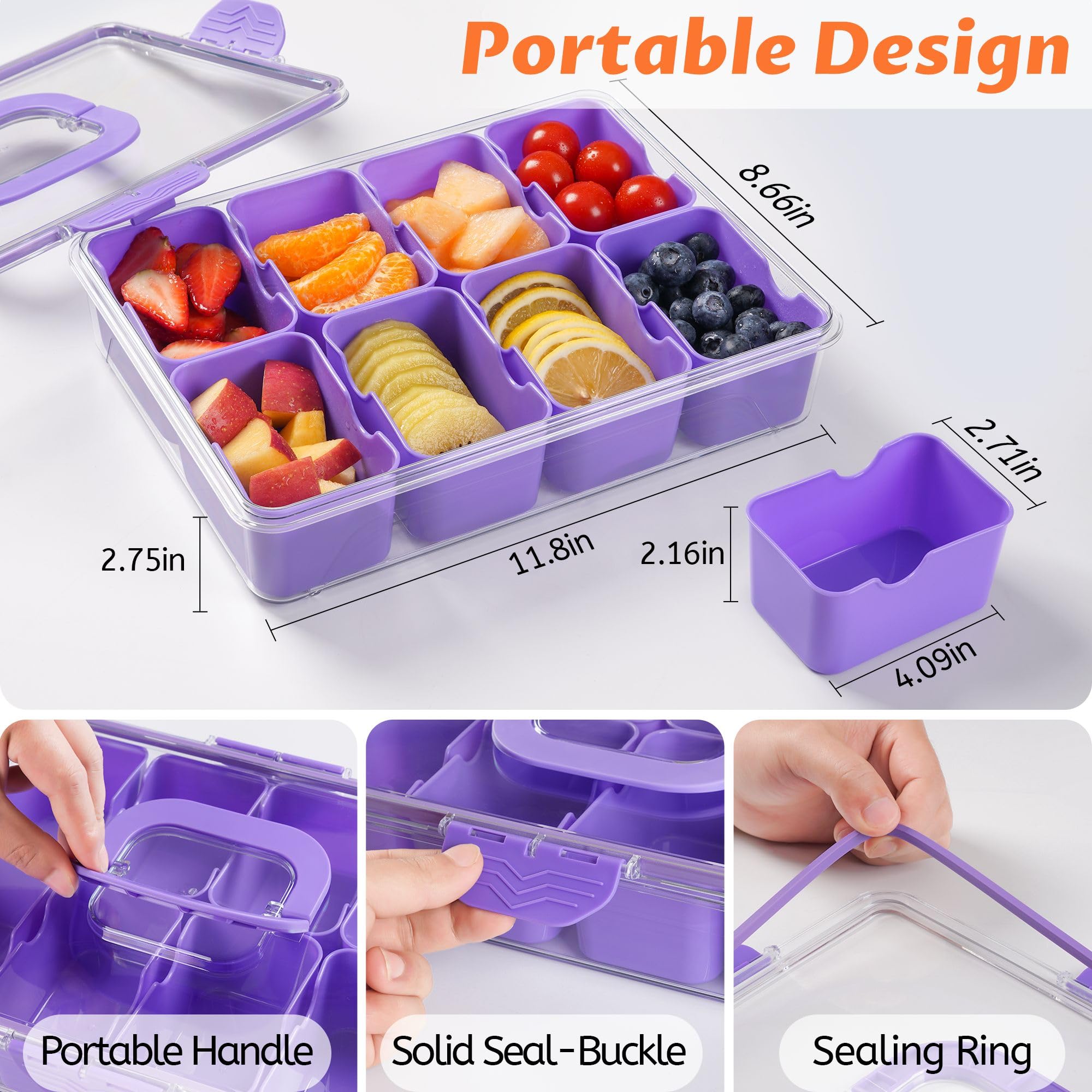 Recipiente para aperitivos, apto para lavavajillas, bandeja dividida para servir con tapa y asa, tabla de embutidos para platos portátiles de aperitivos, organizador para aperitivos de frutas