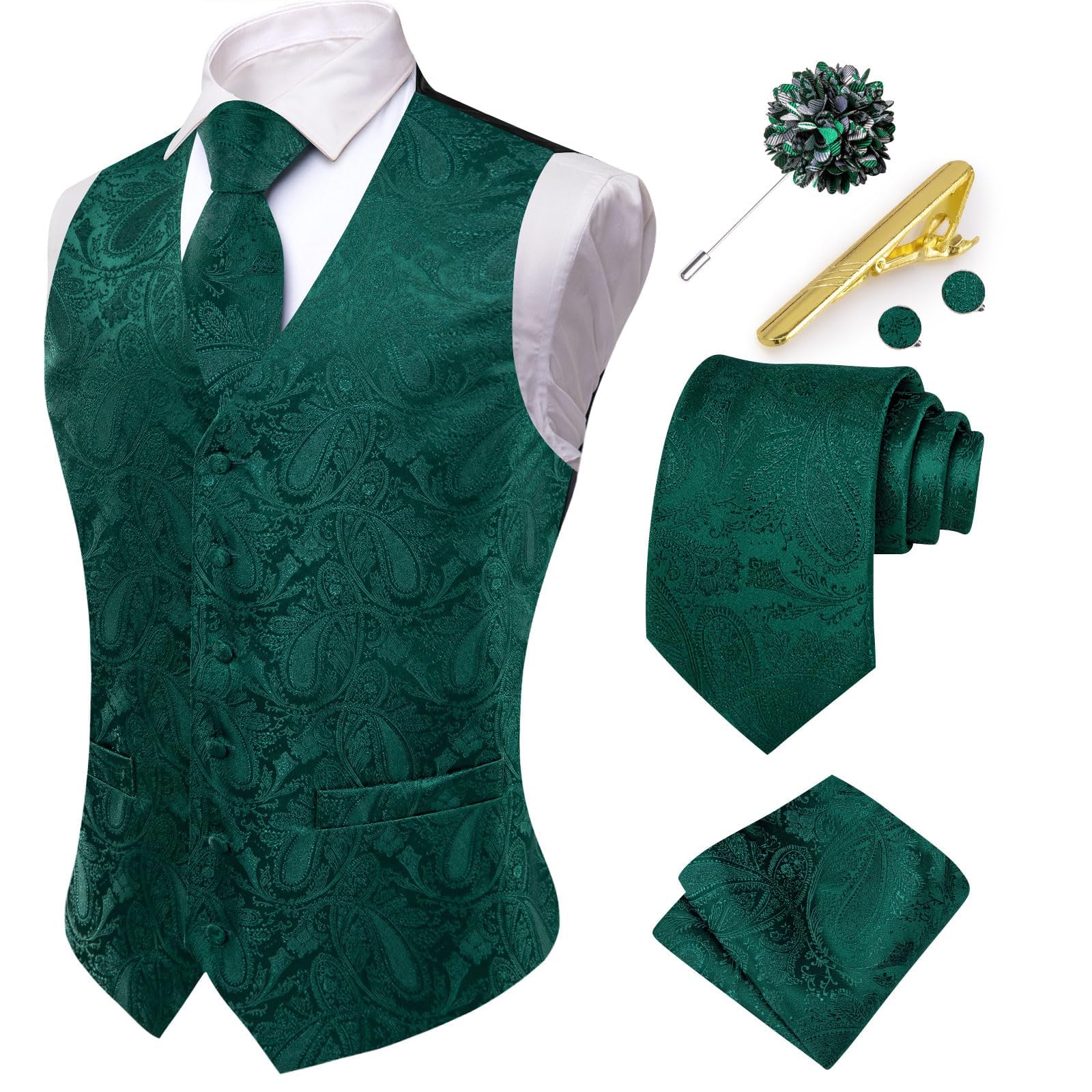 Hi-Tie Men's Suit Vest and Tie Set Formal Waistcoat V-Neck Paisley Vest and Tie Pocket Square Cufflinks Set for Wedding