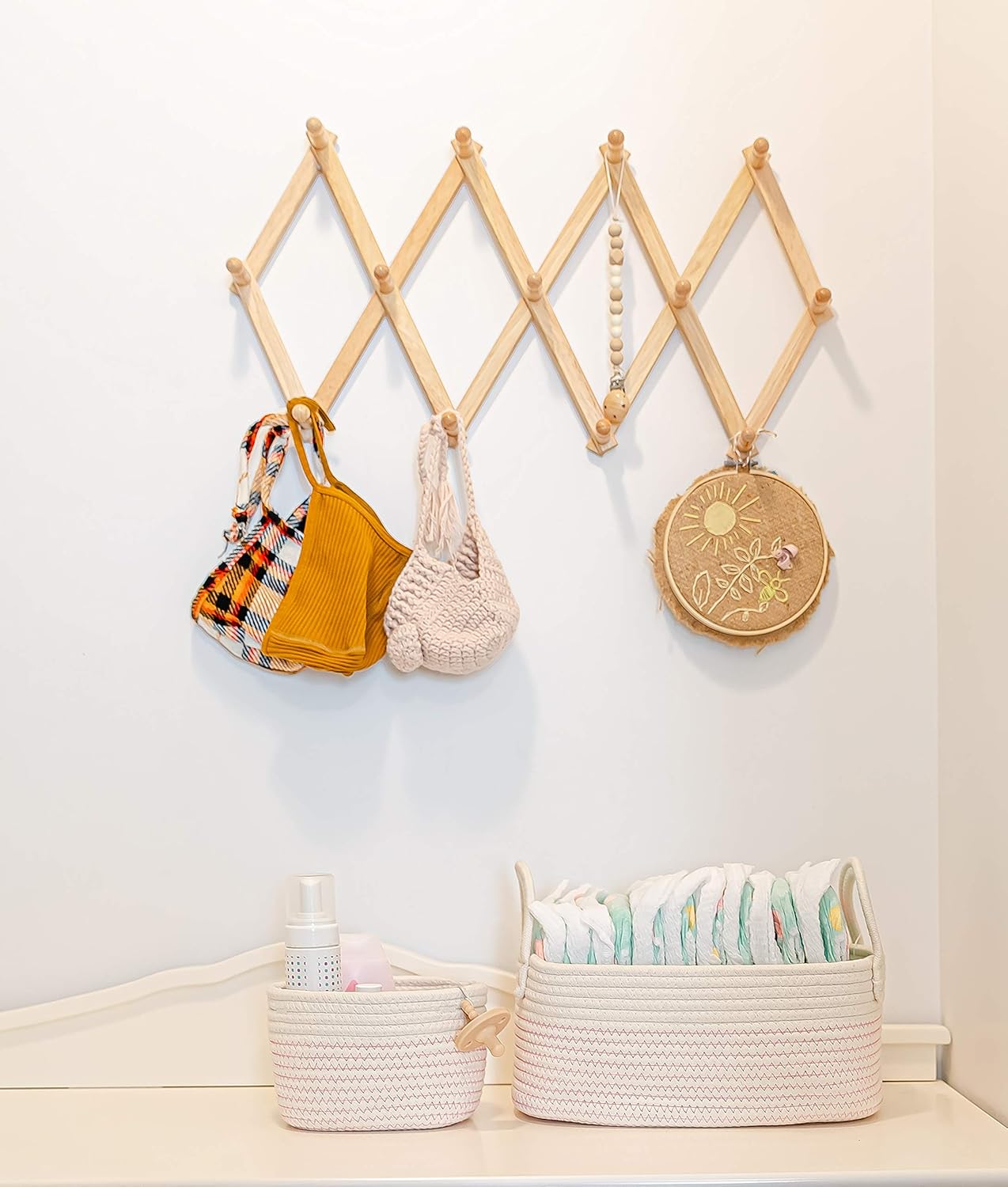 OrganiHaus Pink Baby Changing Basket, Nursery Storage Baskets for Shelves, Cotton Rope Basket w/Handles, Cloth Basket for Toys, Towel Basket Bins, Set of 3 Small Woven Basket for Storage