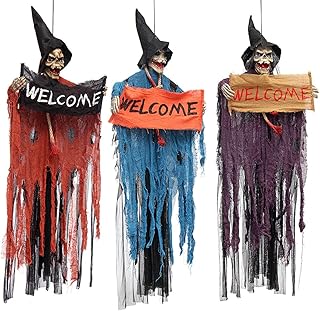 WZhen Halloween Tools - Letrero de bienvenida aterrador para colgar esqueleto con luces de voz para decoraciones de Halloween, color gris y blanco