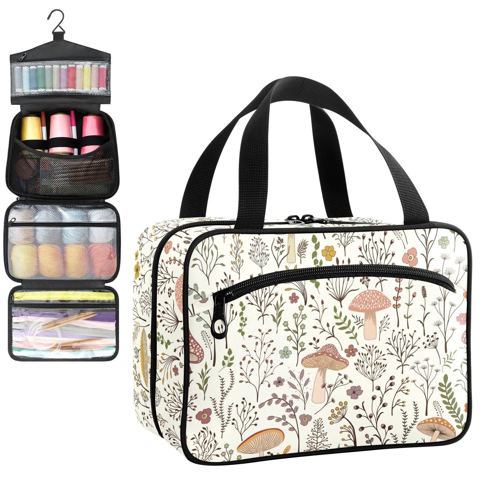YNNALE Sewing Supply Organizer Bag, Boho Mushroom Botanical Cute Modern Farmhouse Portable Sewing Bags with Pockets&Hanger, Sewing Storage Box Case for Sew Supplies/Kit/Tools/Accessories (BAG ONLY)