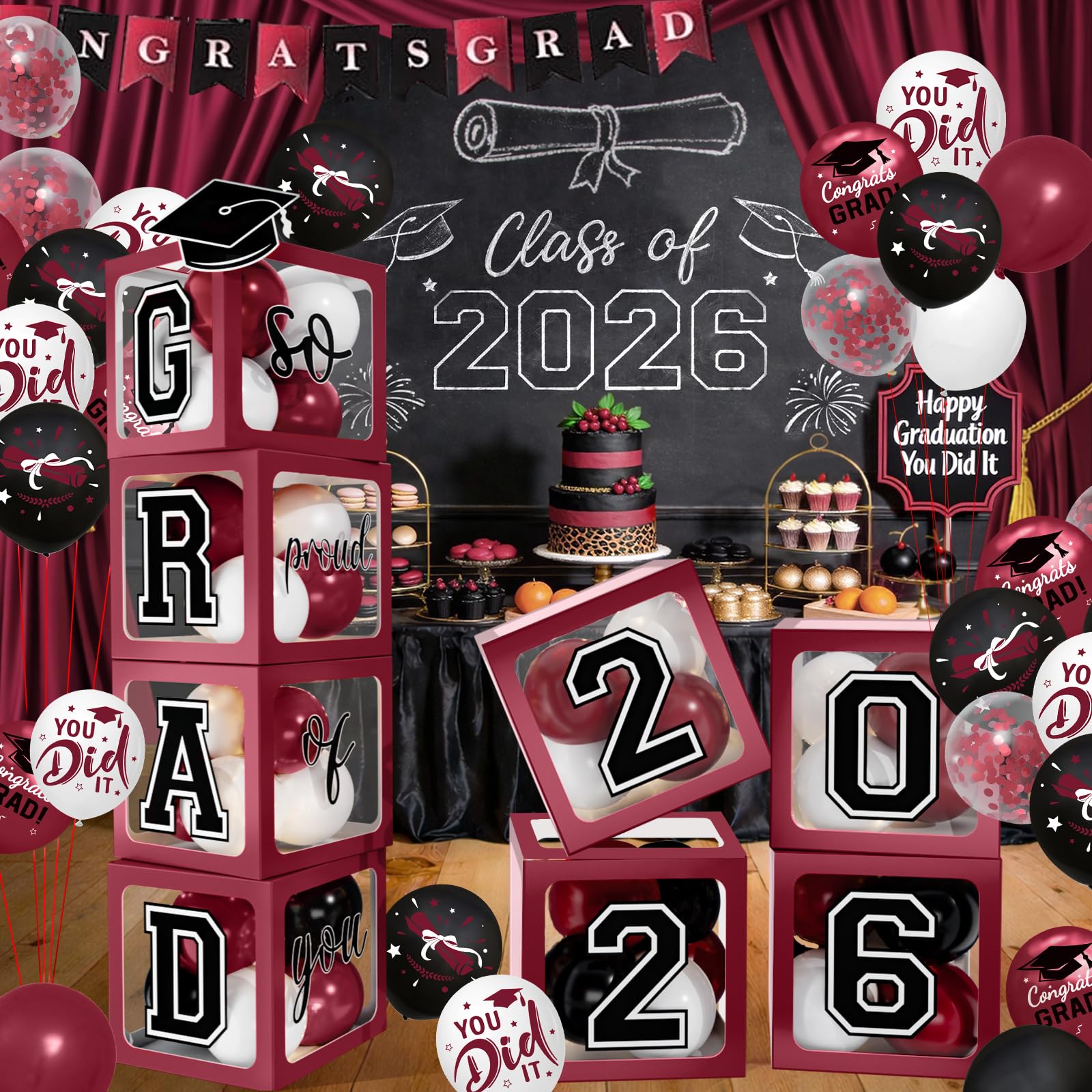 Photo 1 of 2026 Graduation Decorations - Maroon Balloon Boxes with Letters 2026 Grad & So Proud of You and Maroon Black White Print Balloons, Graduation Party Decorations Class of 2026 for Any Grades