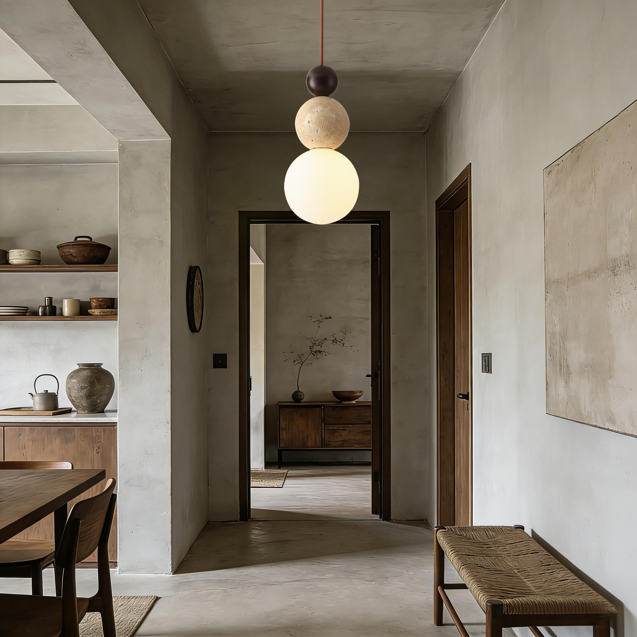 Lampara Colgante de Piedra Caliza Amarilla Wabi Sabi Lámpara Japonesa Madera Y Piedra Esférica Decorativa Altura Ajustable Lamparas techo Moderna Para Dormitorio Comedor Sala Y Cocina