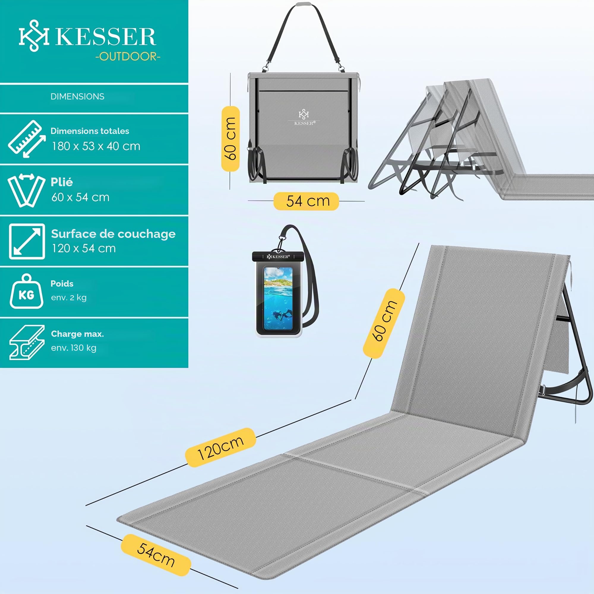KESSER® Matelas de Plage Pliable avec Dossier réglable - Chaise Longue de Plage Pliable avec Sangle, Sac étanche & Rangement - Chaise Longue pour Plage, Jardin & terrasse 130 kg de Charge