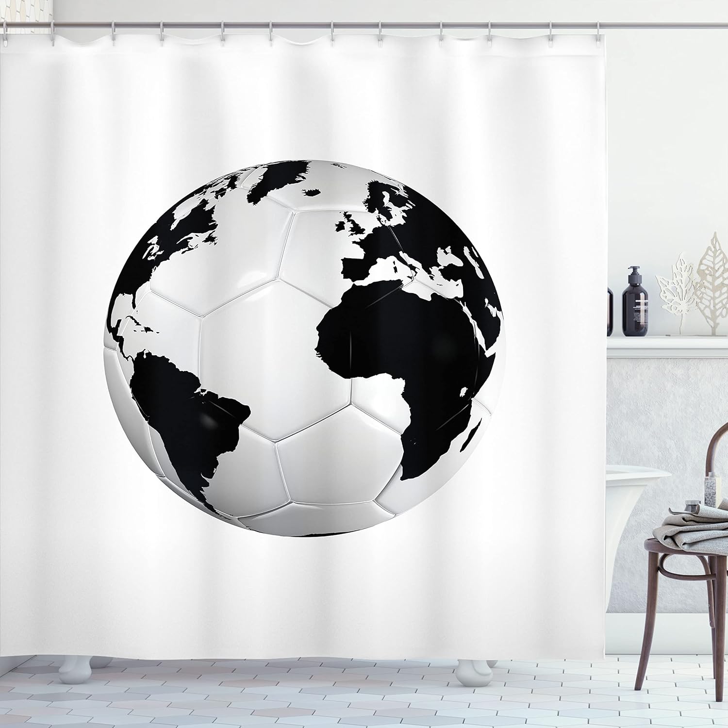 Ambesonne Sports Shower Curtain, Soccer Ball with The World Map Football Cup 2010 Entertaining Professional Game, Cloth Fabric Bathroom Decor Set with Hooks, 69" W x 75" L, Black White