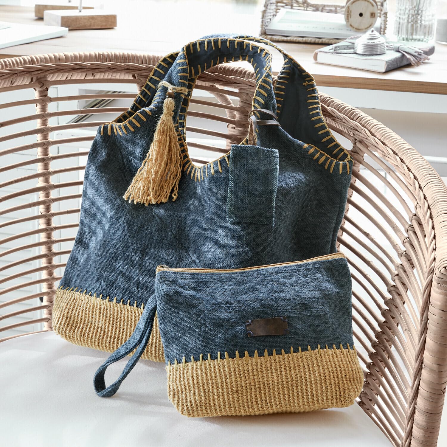 Loberon Tasche 2er Set Cacula, blau/creme