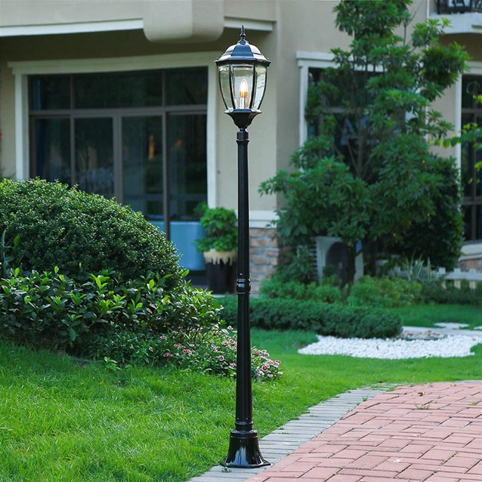 QUSYZD 175Cm Retro Glass Lantern Pillar Post Lamp, Waterproof Outdoor Floor Light, Vintage Aluminum Lawn Garden Street Lamp E27, Bronze 210Cm,175cm