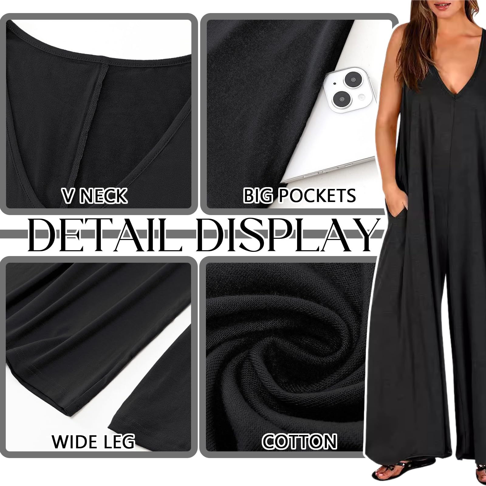 Mono Mujer Jumpsuit Sin Mangas Largo Pierna Ancha Pantalón Rompers Verano Tirantes Anchos Overol Cuello en V