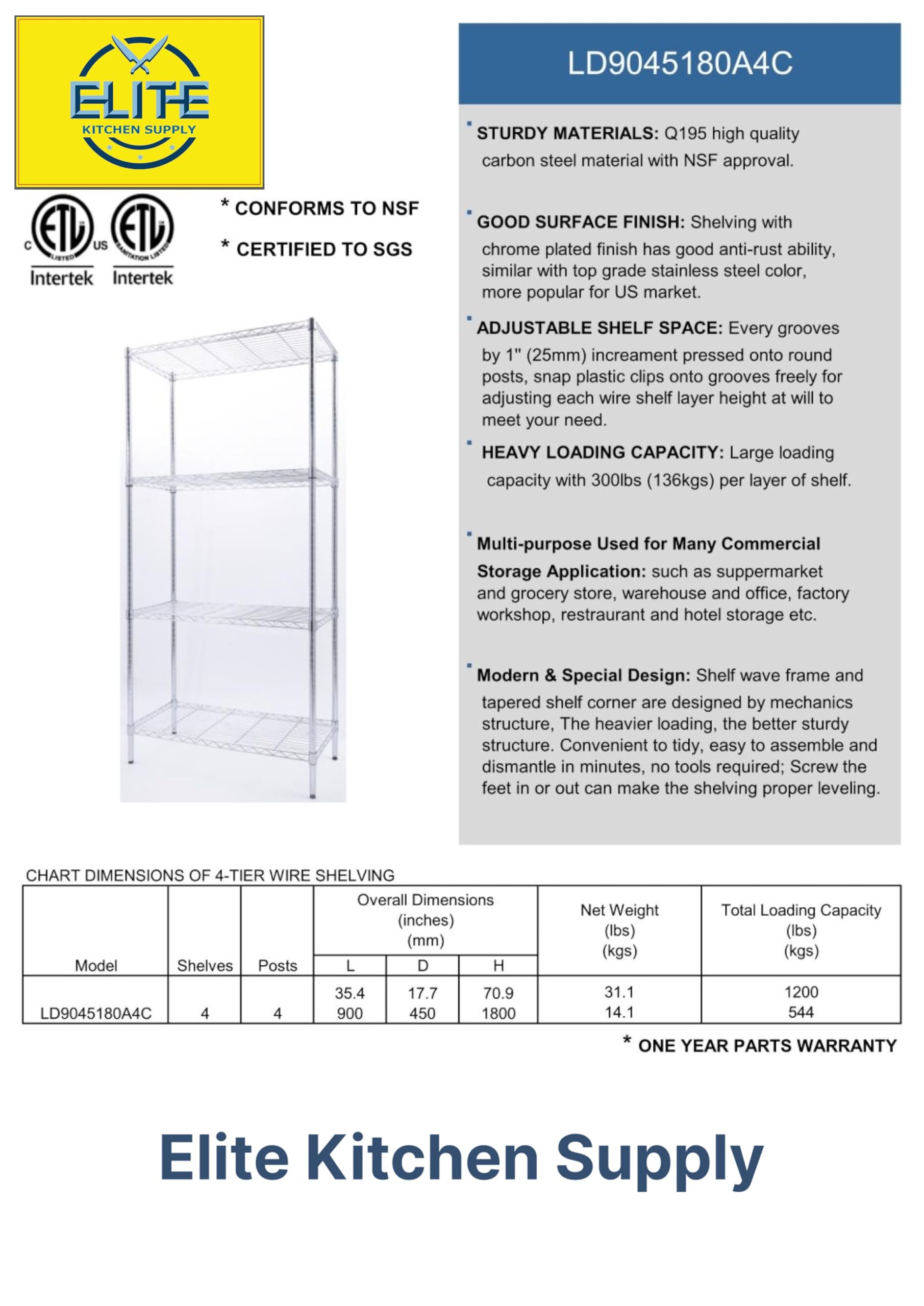 Elite Kitchen Supply Commercial Chrome Wire Shelving Rack, 4 Tier Wire Shelf for Storage H71xW36xD18, All Stainless-steel Heavy Duty ETL NSF