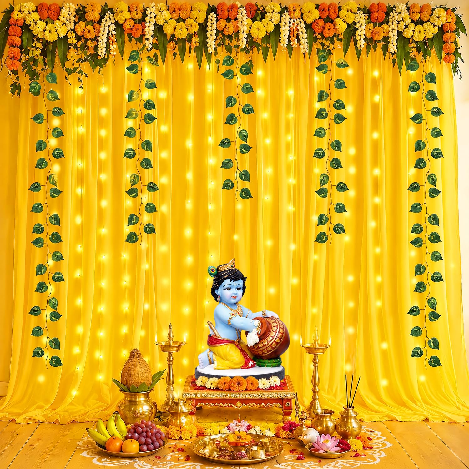 Party Propz Yellow Ganpati Decoration Backdrop - 8 Pcs Ganesh Chaturthi Decoration, Varamahalakshmi Decorative Items, Haldi Decorations Items, Backdrop Cloth for Decorations Pooja (Net Curtain) 2