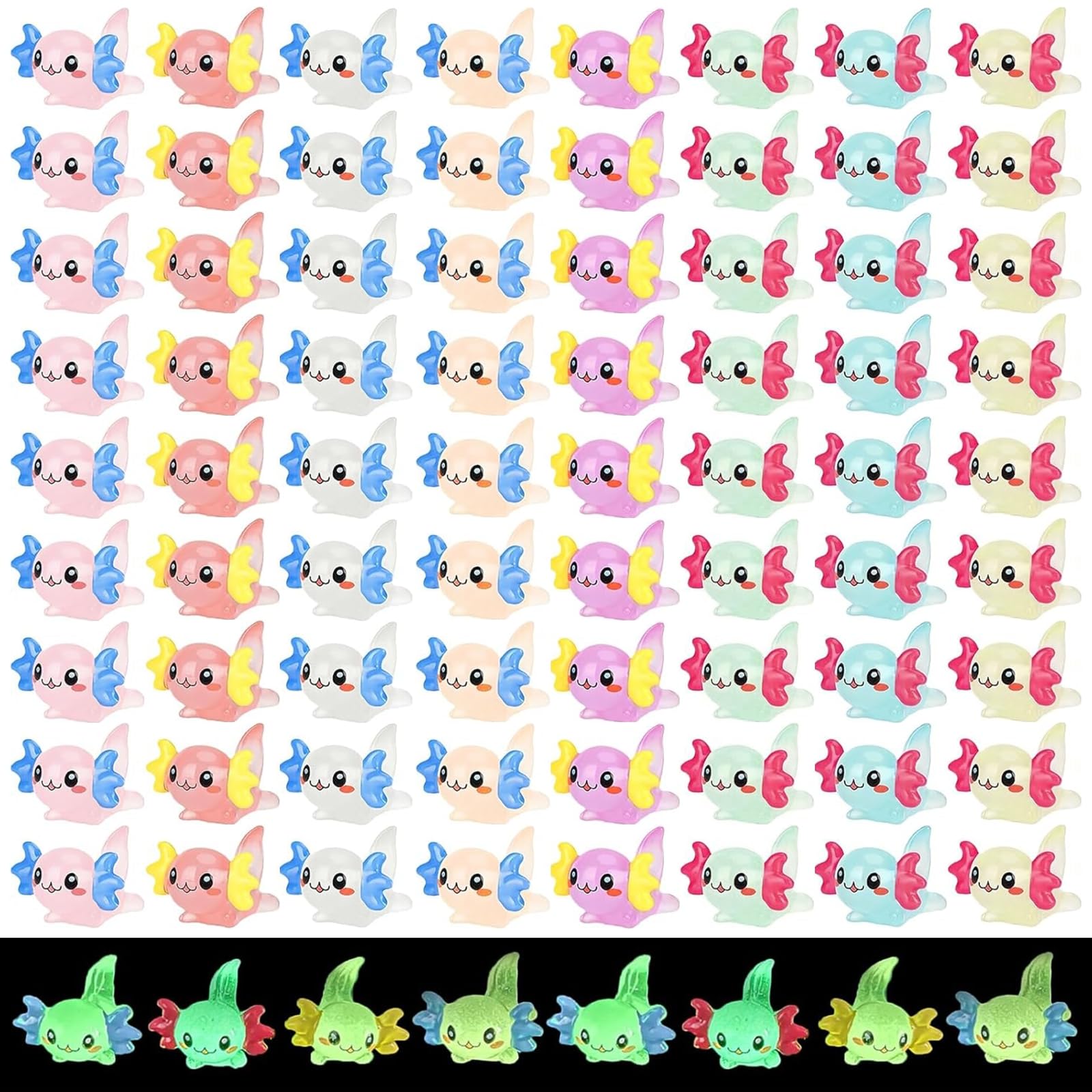 80 Pcs Luminous Mini Resin Axolotl, 8 Colors Glow in The Dark Tiny Animals Miniature Axolotl Figures Tiny Small Little Resin Axolot for Landscape Aquarium Micro Dollhouse Garden Decoration
