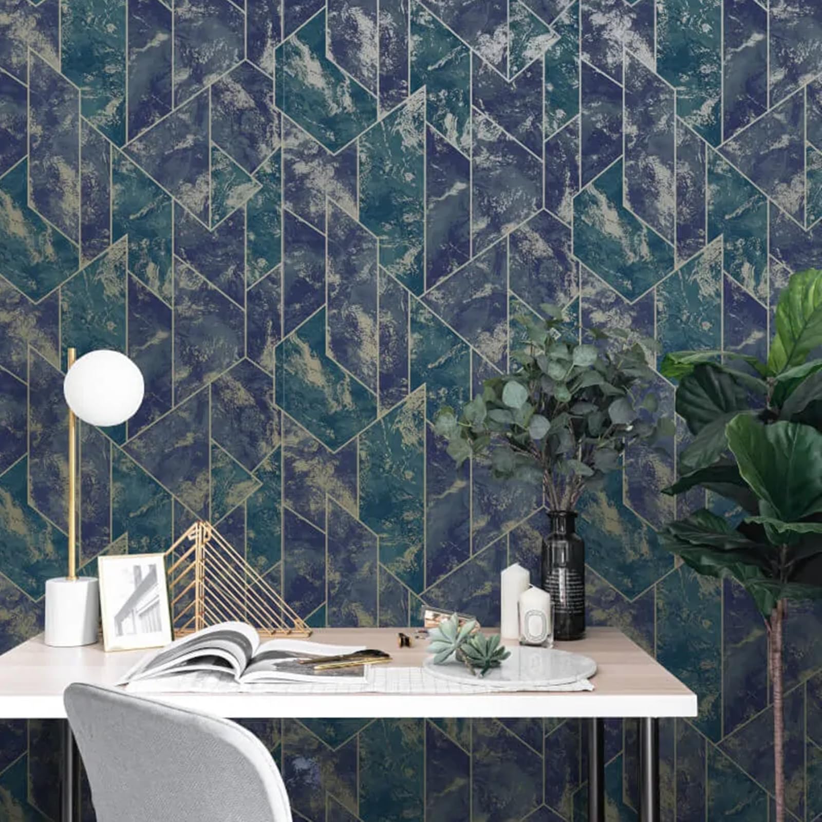 Sophie Laurence Navy Gold Marble Wallpaper Metallic Geometric Pattern Feature Wall Living Room