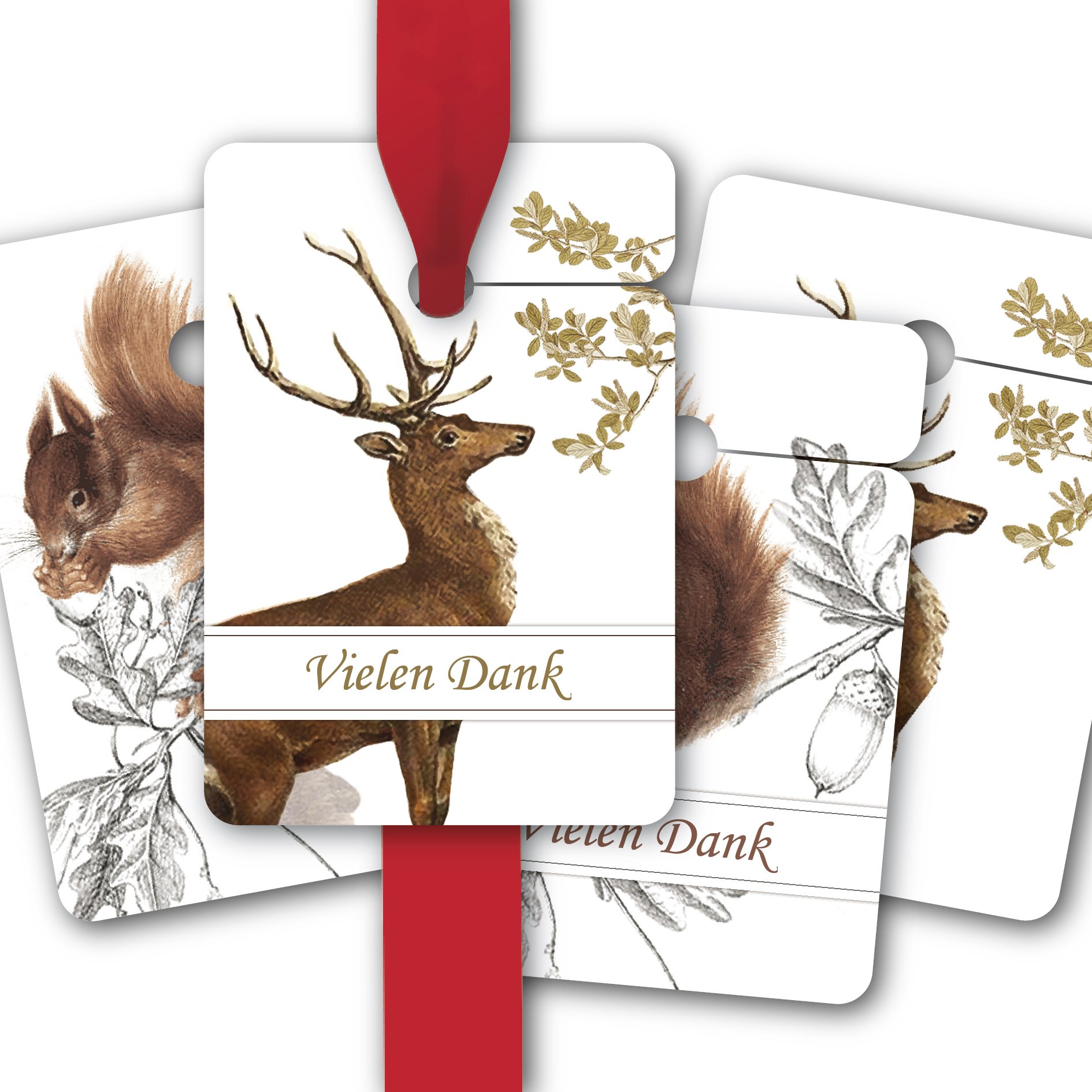 Elegante Dankes Geschenk Anhänger | Papieranhänger | Geschenk Karten (64Stk) mit Eichhörnchen und Hirsch: Vielen Dank