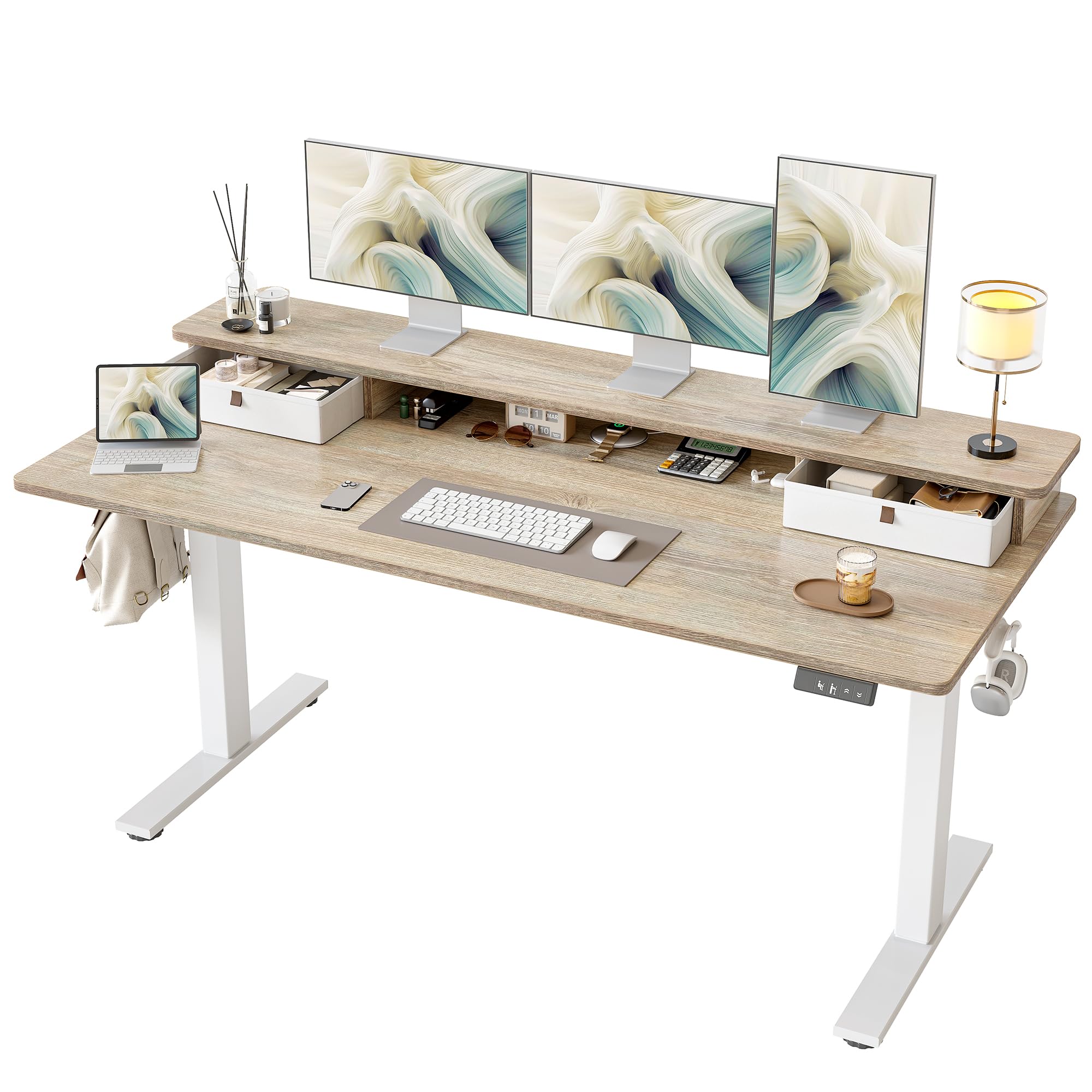 Photo 1 of TIQLAB Standing Desk with Two Drawers, Stand Up Standing Desk Adjustable Height, Electric Sit Stand Table with Storage Shelf and Splice Board, 63 * 24 inch, Maple