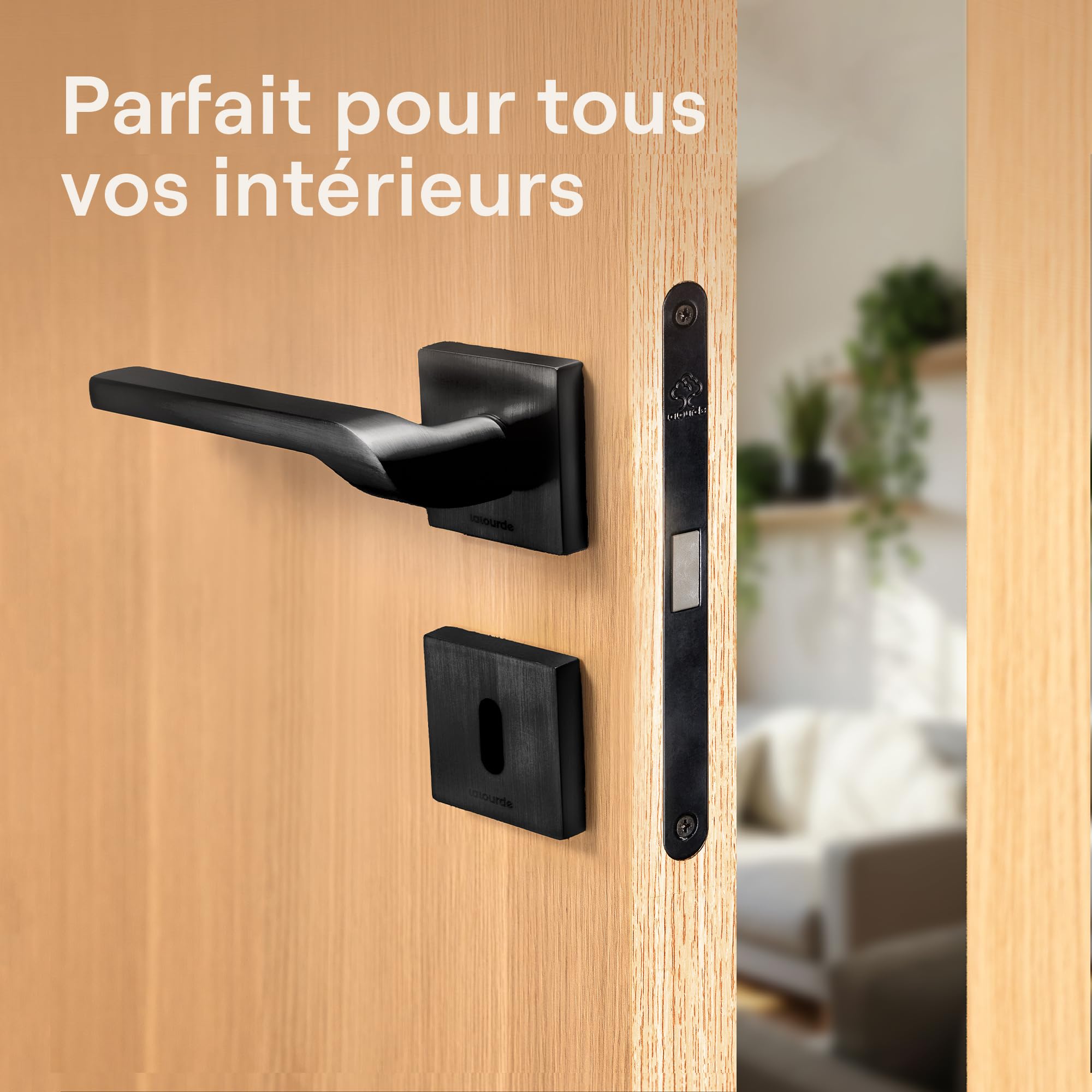 Poignée de Porte Atlas - Aluminium Finition Noire - Haute Qualité - Portes Intérieures - Marque Française - Platine de Finition Carrée + Rosace à Clé - Carré 7/8 mm