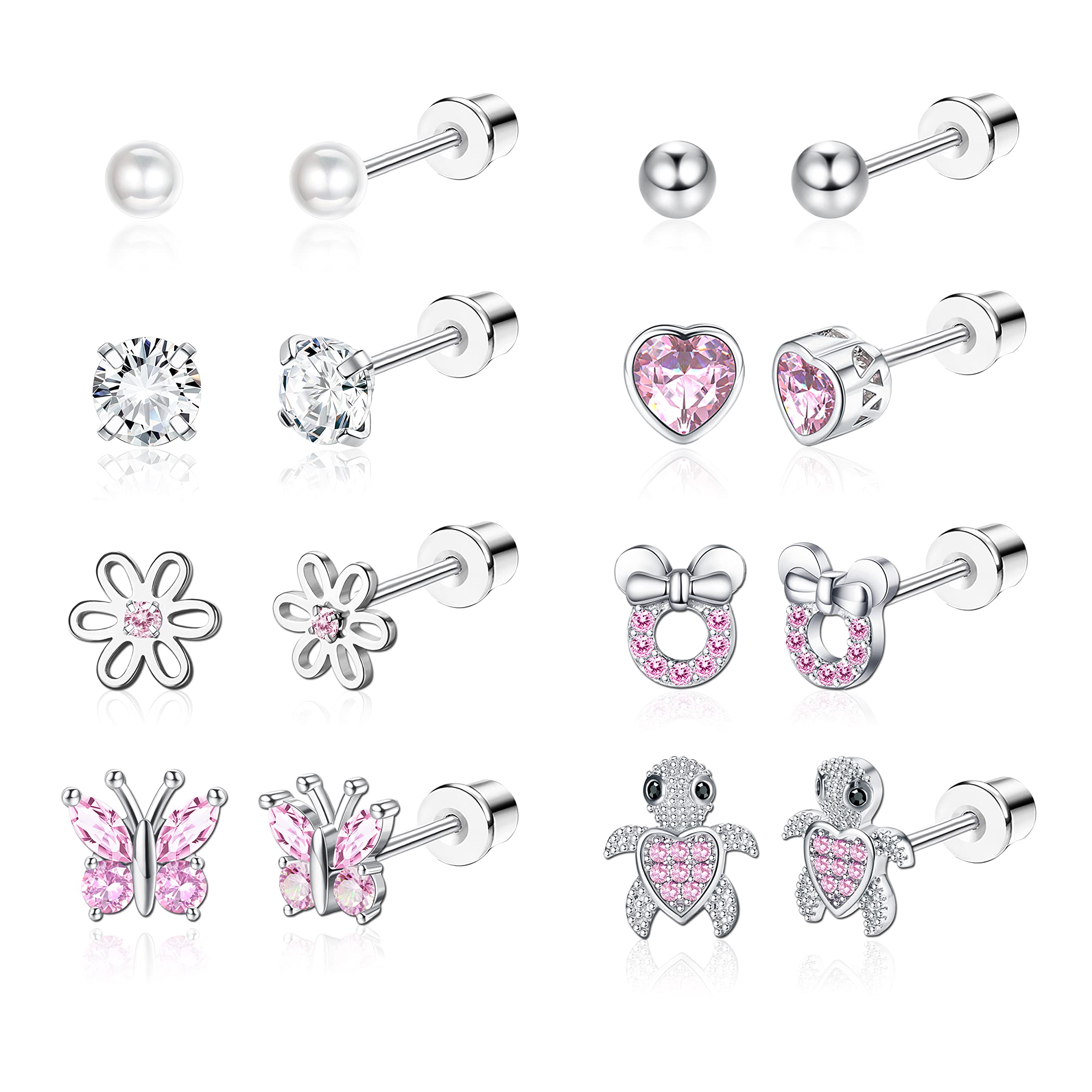 CASSIECA 8 Pairs Hypoallergenic Screw back Earrings for Women Girls 316L Stainless Steel CZ Tiny Pearl Ball Heart Flower Turtle Butterfly Stud Earrings Set