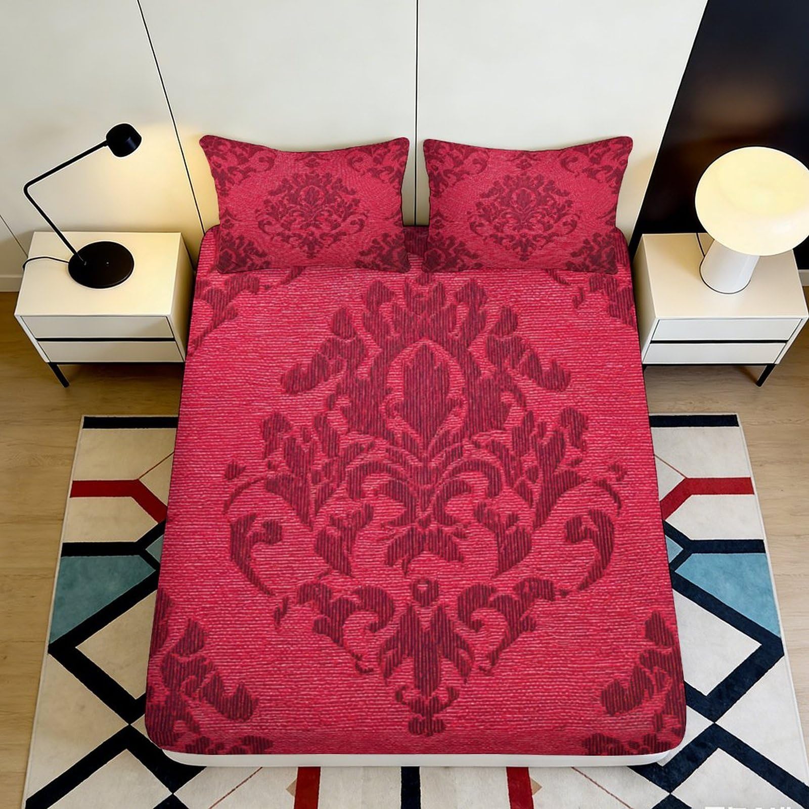 3D Printed Baroque Red Fitted Sheet Microfiber Soft Decorative Damask Mattress Cover for Bedroom Guest Room 90x200x25cm