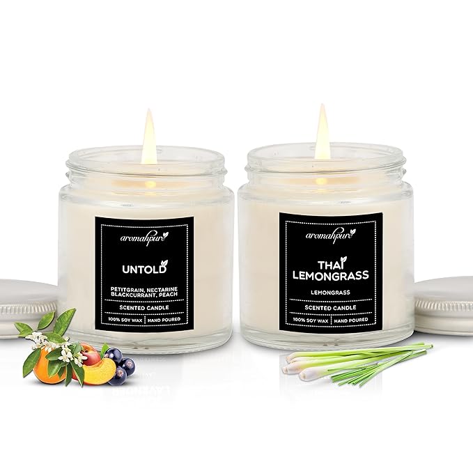 Aromahpure Scented Candles (55 Hours) (100% Soy Wax)- Handcrafted | Smoke-Free | Untold- Petitgrain, Nectarine, Blackcurrant & Peach, Thai Lemongrass Fragrance Candles for Home & Gift Sets