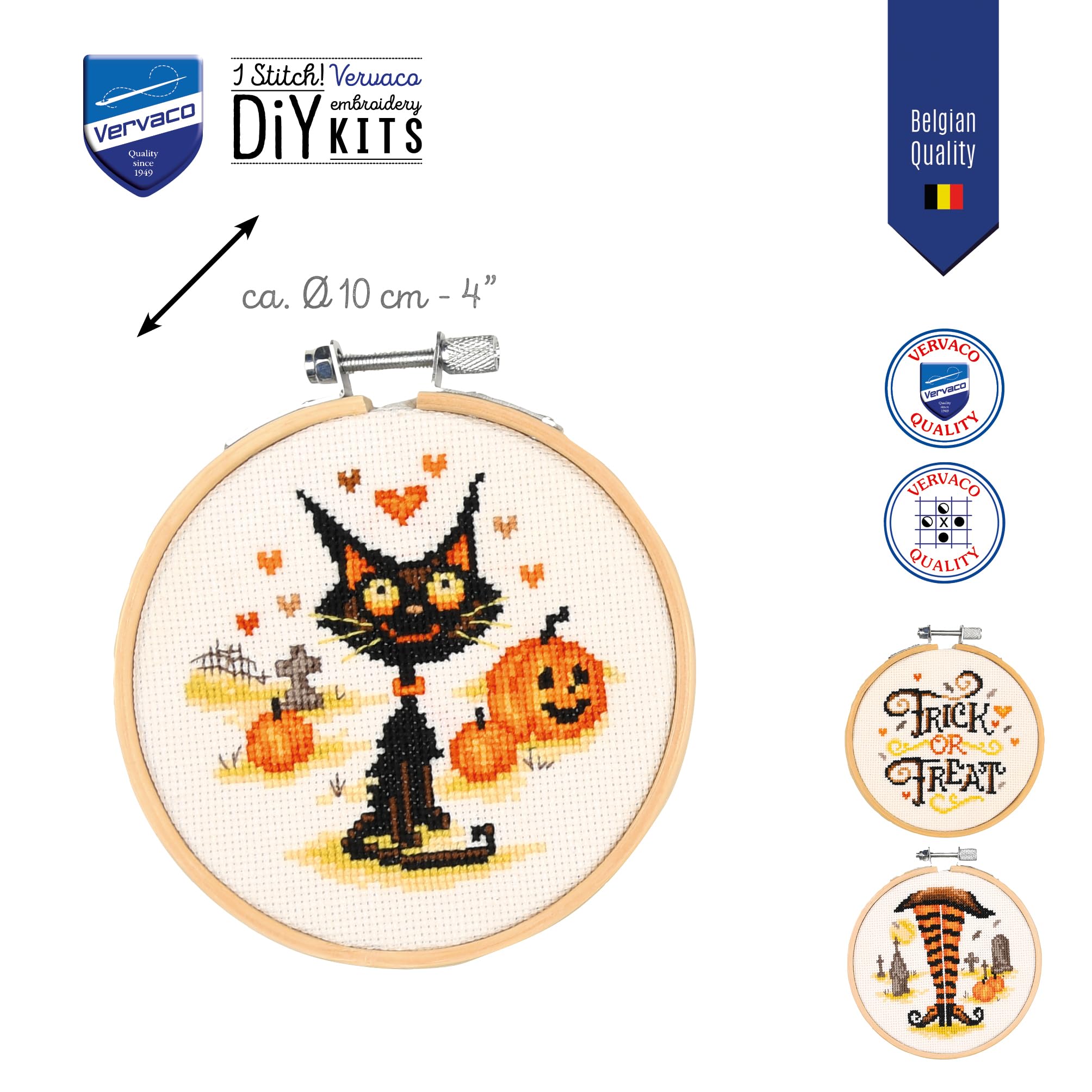 Kreuzstich Stickpackung Halloween 3er Set mit Stickrahmen, Zählmuster, 10x10cm