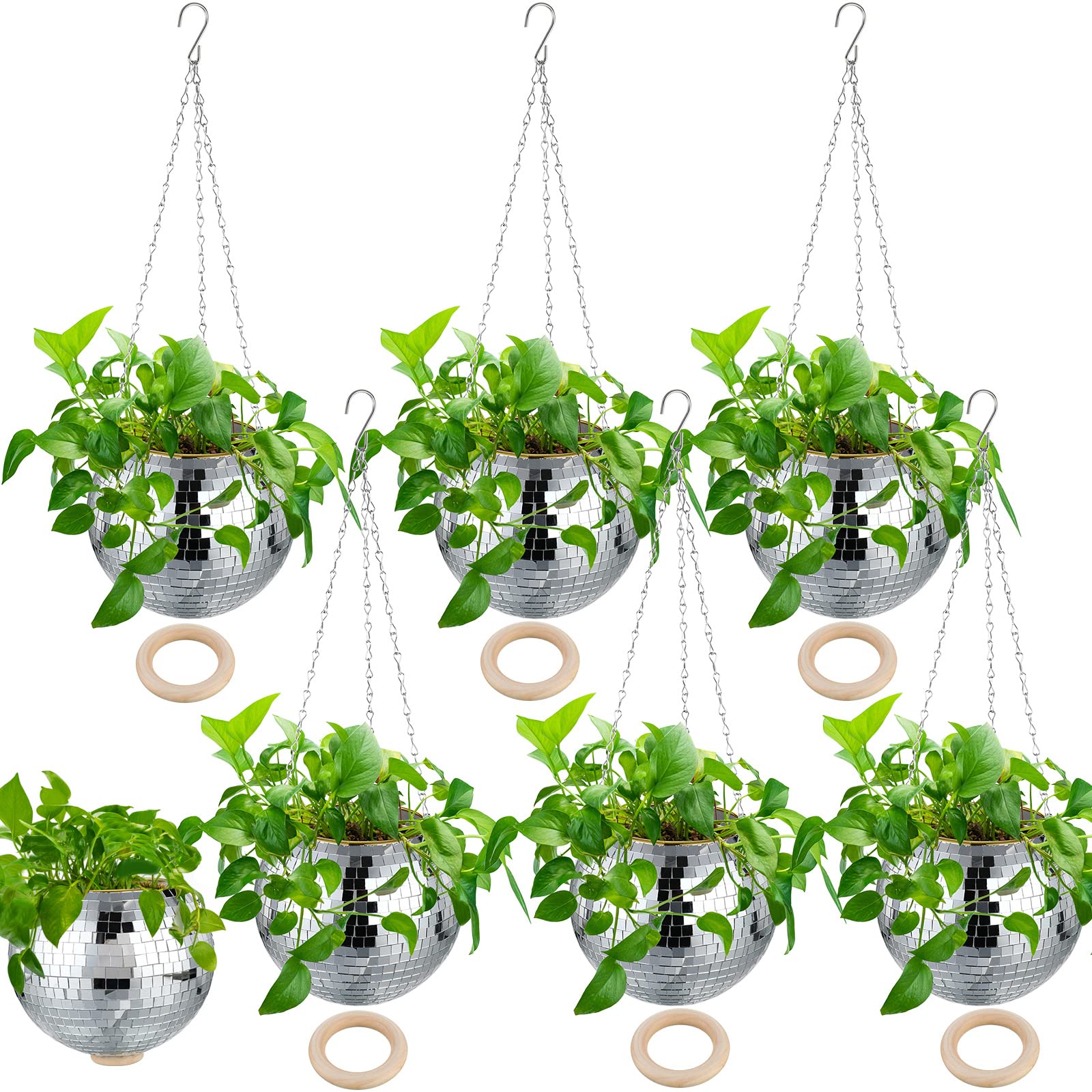 Remerry 6 Pcs Disco Ball Planter Mirror Ball Boho Hanging Planter Flower Pots Vase with Chain and Wooden Rings for Indoor Outdoor Plants Succulents Cacti Flowers Home Decorations (Silver,8 Inch)