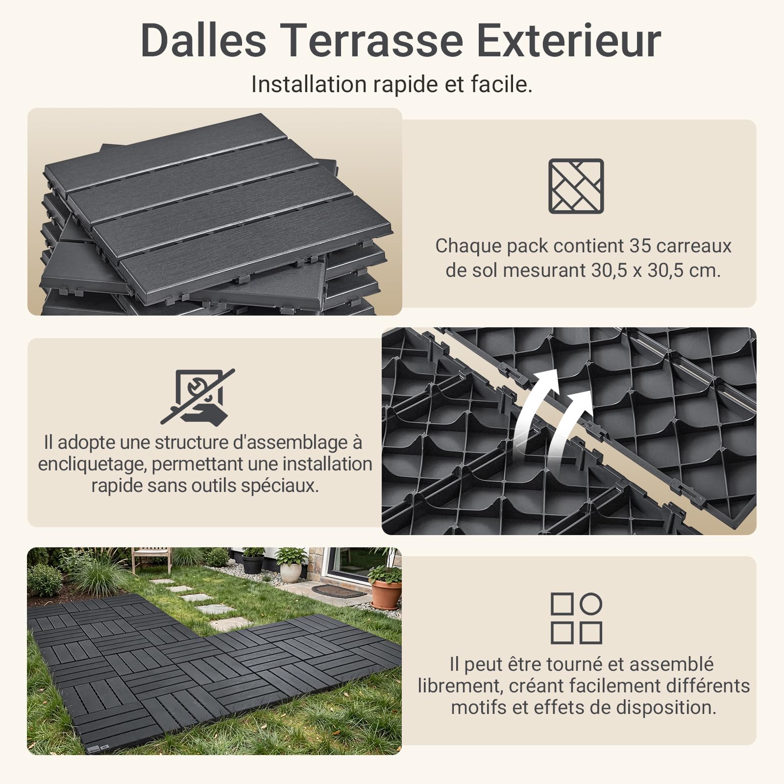 Sobuy Set de 35 Pièces Dalles Terrasse Exterieur Caillebotis Exterieur Revetement de Sol Système Clipsable pour Balcon et Terrasse Antidérapant Étanche Gris 30.5x30.5x2 cm SDA15-HG