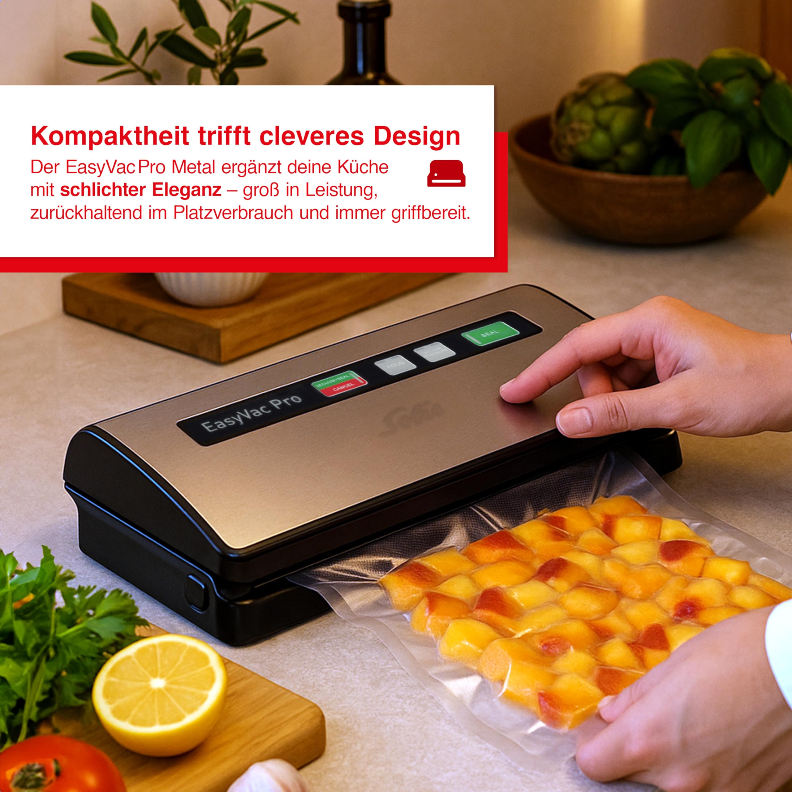 Solis Vac Pro 569 Vakuumiergerät - Folienschweißgerät für Lebensmittel - Vakumierergerät für trockene, Feuchte und Empfindliche Lebensmittel - Metal | Lebensmittel bis zu 8x länger frisch, Starkes Vakuum -0,8 bar, 120W Power, Langlebiges Metall, Inkl. Beu