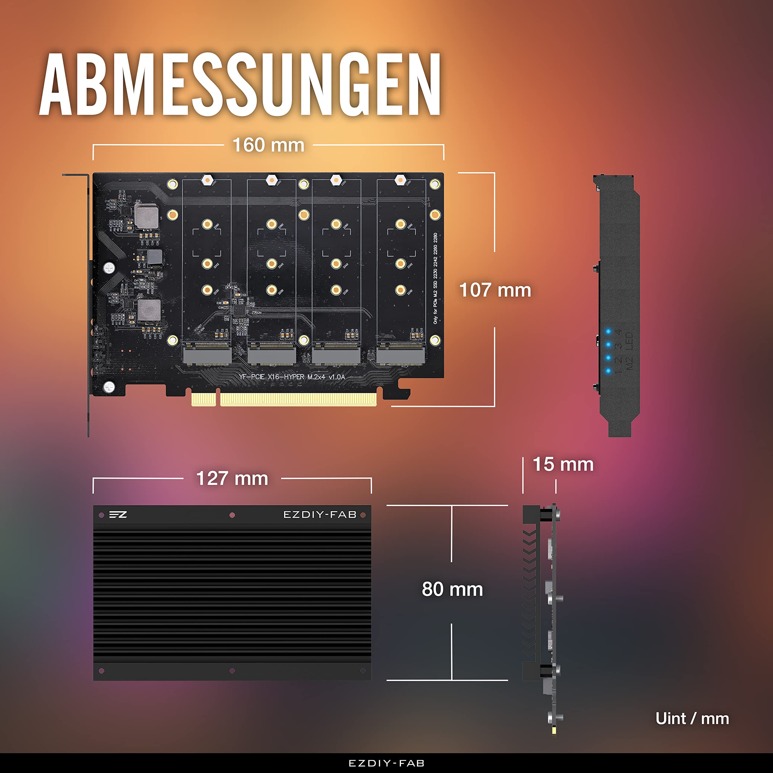 EZDIY-FAB Quad M.2 PCIe 4.0/3.0 X16 Cad de expansión con disipador de Calor, Compatible con 4 SSD PCIe NVME M.2, Raid en CPU (VROC) en Plataforma Intel y Raid PCIe 4.0 en Plataforma AMD, se Requiere