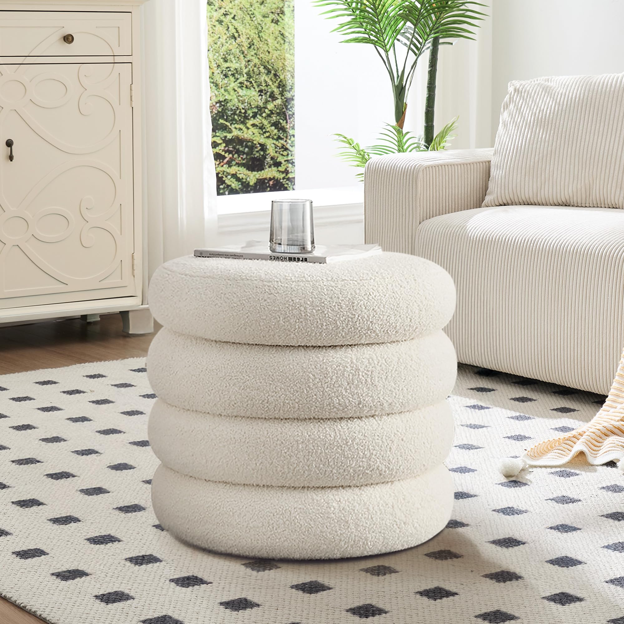 20.1 Inch Round Storage Ottoman, Modern Sherpa Ottoman Coffee Table with Removable Top, White Vanity Stool with Storage for Bedroom, Living Room, Dorm