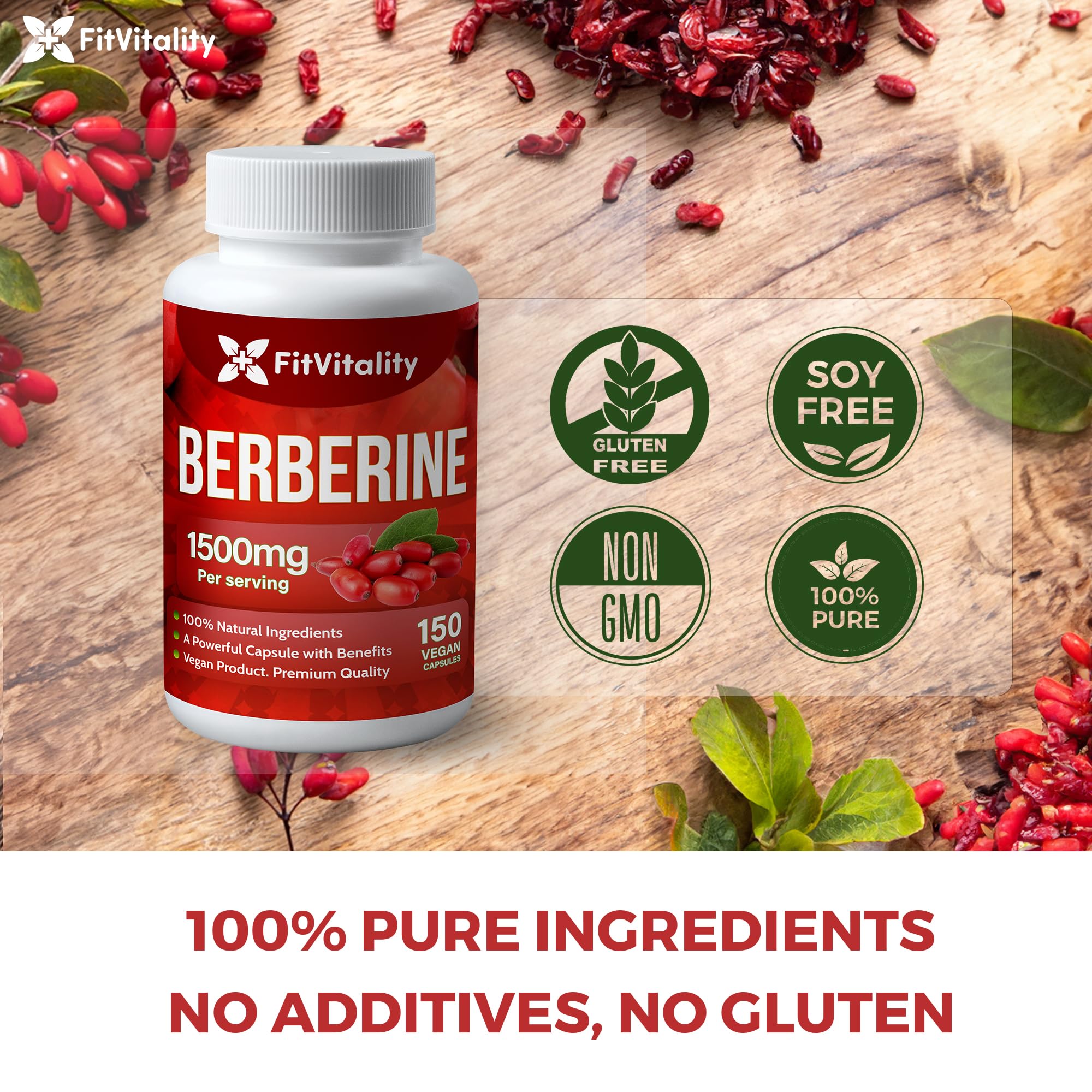 Premium Berberine Supplement, 1500mg Berberine Per Serving, 150 Capsules, 100% Pure, Support Immune System Function, Non-GMO, Gluten-Free