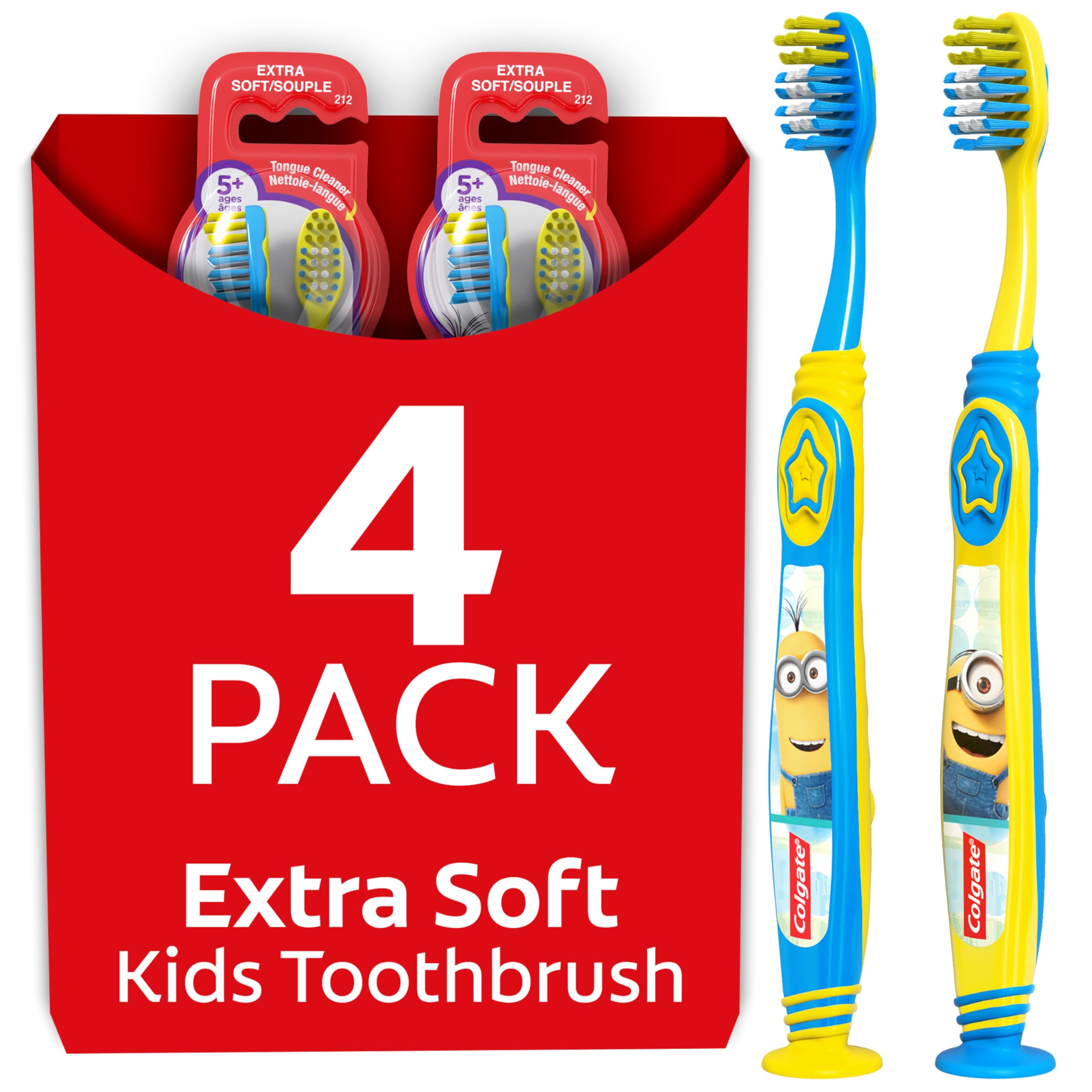 Colgate Kids Toothbrush, Minions, With Extra Soft Bristles and Built In Suction Cup Holder, 4 Pack