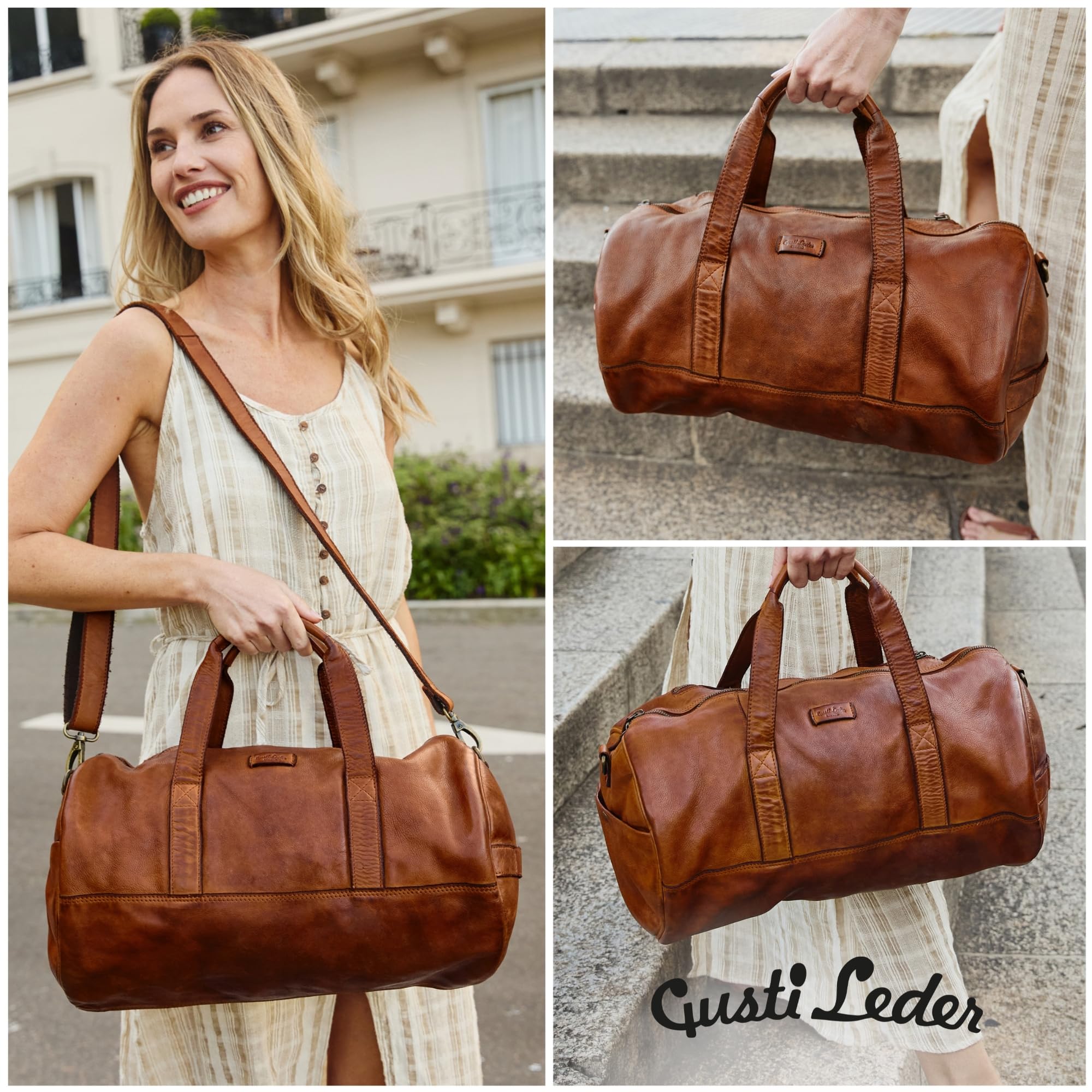 Gusti Bolsa de viaje de cuero Oliver bolsa de deporte Weekender equipaje de mano cuero, coñac, 40 x 24 x 19 cm, Retro