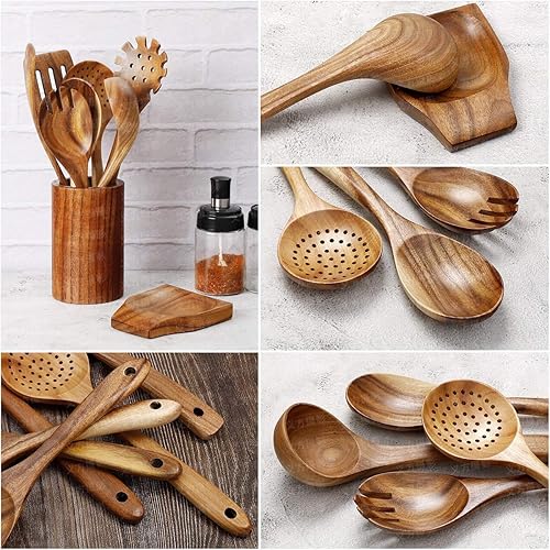 Miniatura 5 de Juego de utensilios de cocina de madera sin revestimiento aptos para lavavajillas, juego de utensilios de cocina de bambú con agujeros, cucharas de