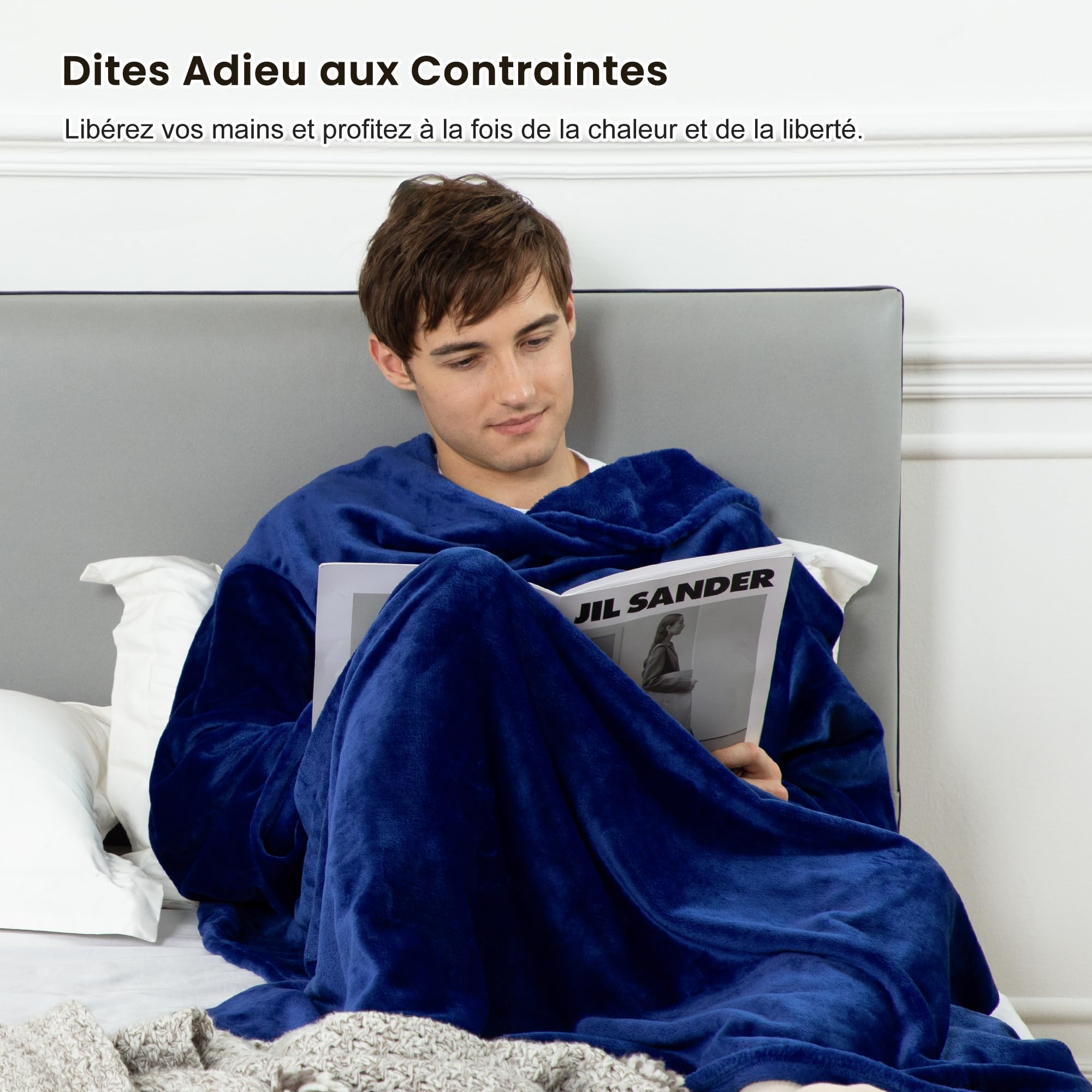 Winthome Plaid à Manche - Couverture avec Manches Douce et Chaude, Blanket Polaire avec Velcro, pour Cadeau, Noel, Femme, Homme, Économisez sur Les Coûts de Chauffage (Bleu Foncé, 140x180cm)