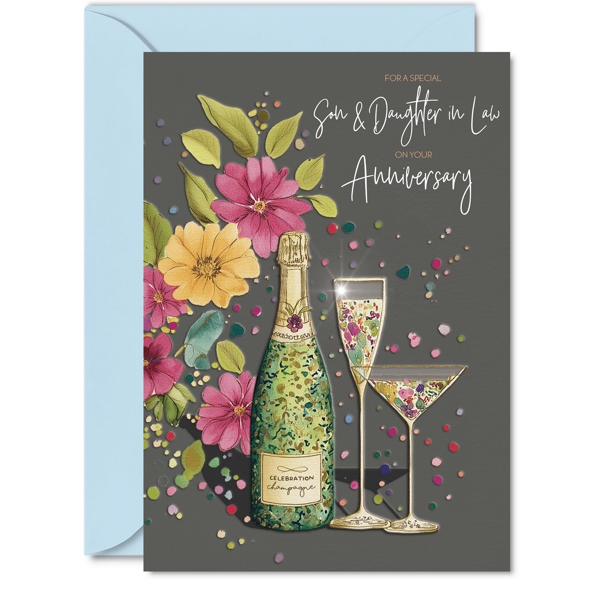 Sentimental Anniversary Card for Son & Daughter in Law - Cheers to Love and Laughter - 5X7 Inch, Envelope Included