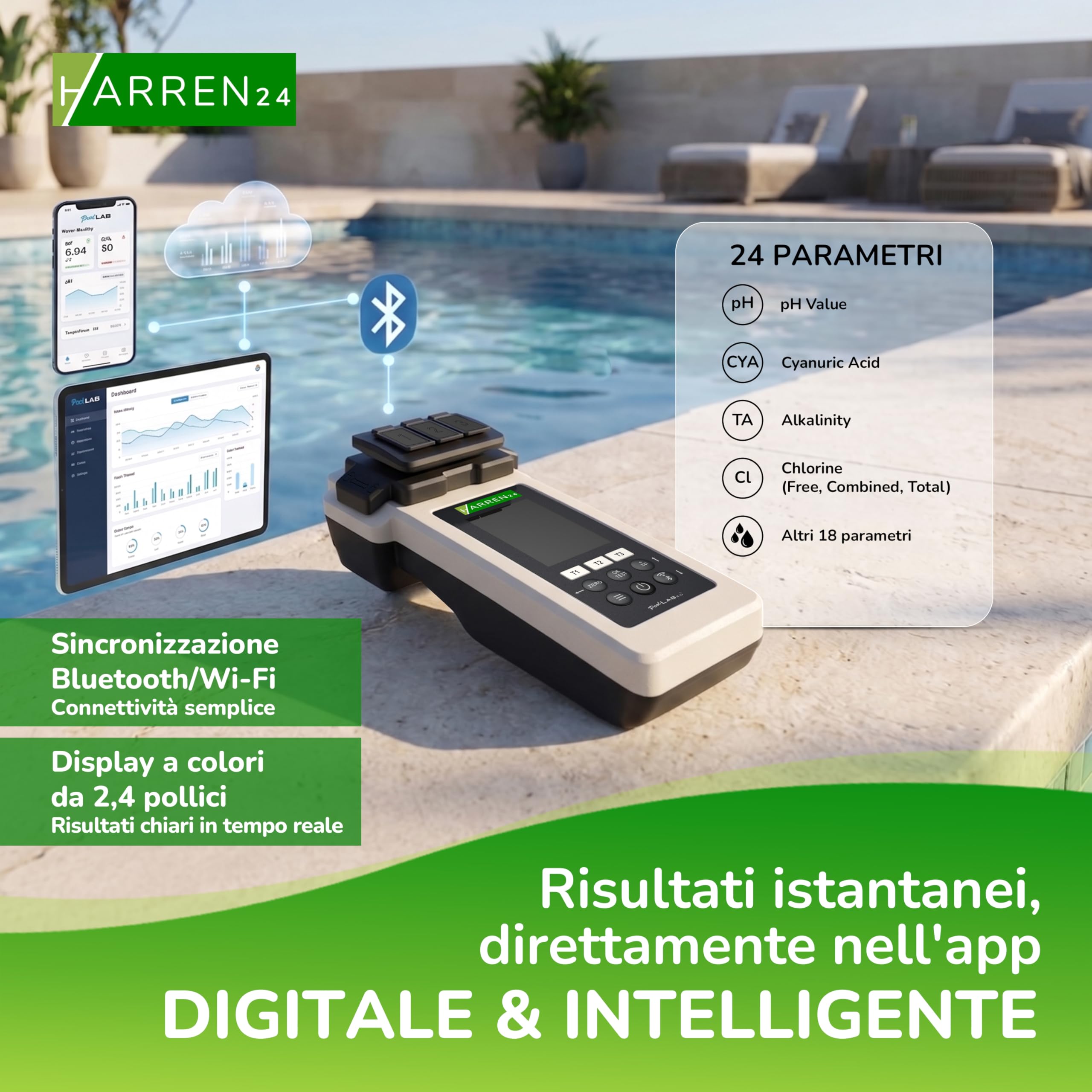 Poollab 2.0 Special Edition, tester elettronico per piscine (fotometro), tester per l'acqua della piscina, 170 compresse per test del pool per cloro, valore pH, rosso fenolo, accessori per