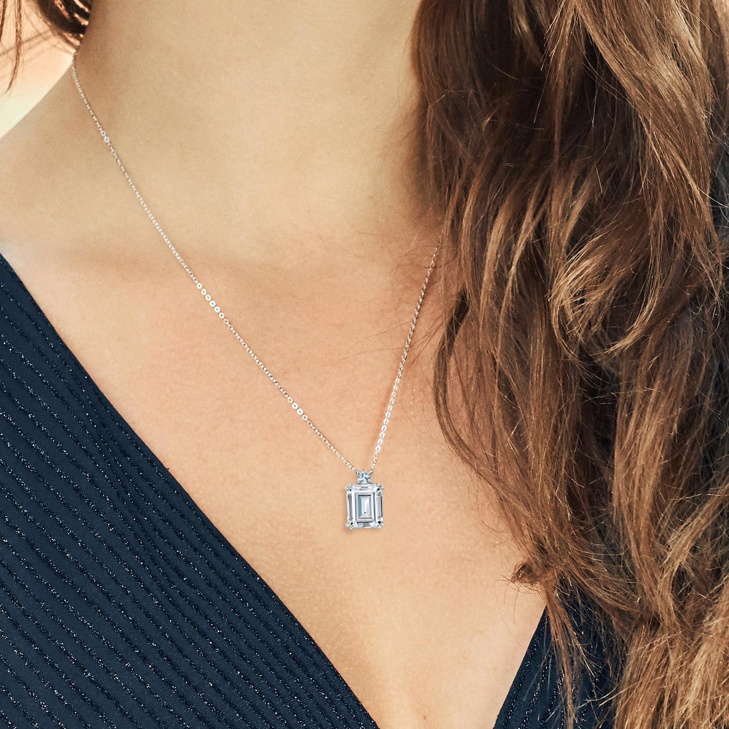 Gem Stone King 925 Sterling Silver Sky Blue Aquamarine Necklace Set with Moissanite (7.55 Cttw) - Image 3