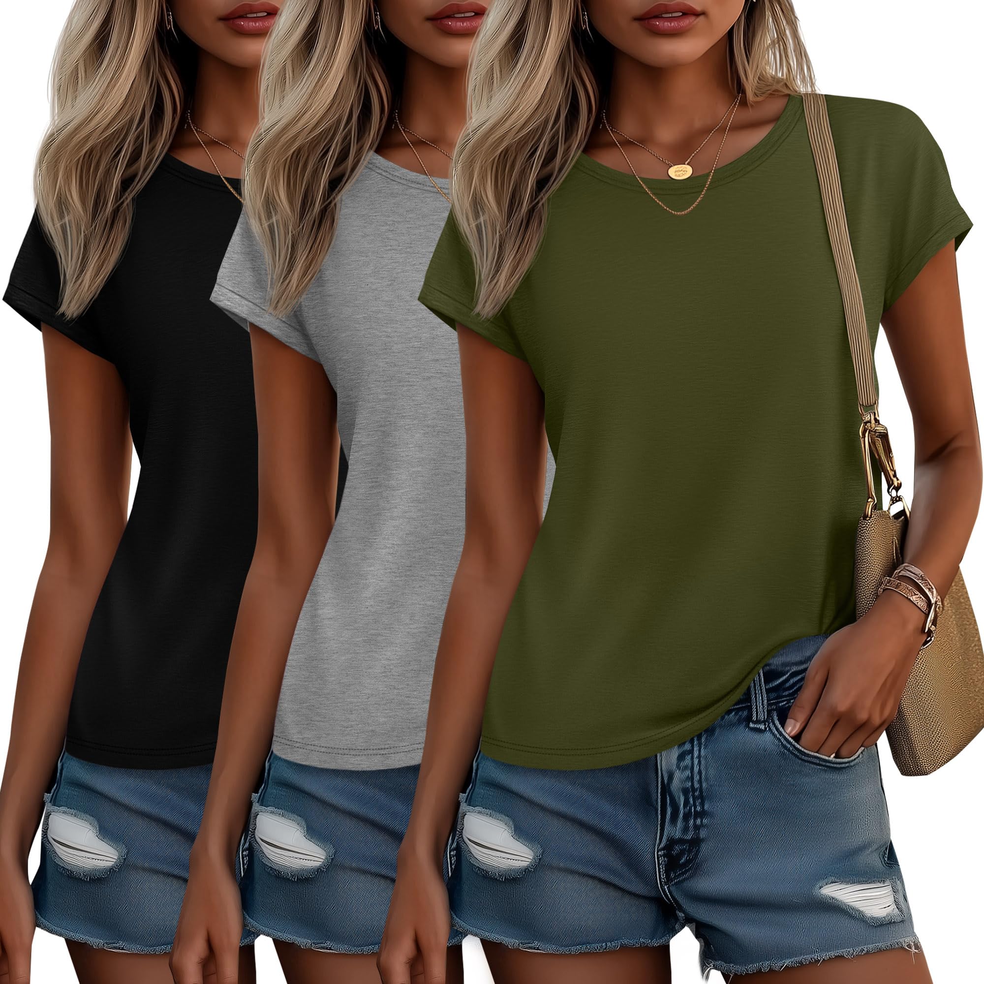 Huukeay 3 Pack Women's Cap Sleeve Tops Basic Tee Shirts Summer Casual Crew Neck Trendy Clothes 2026 Fashion
