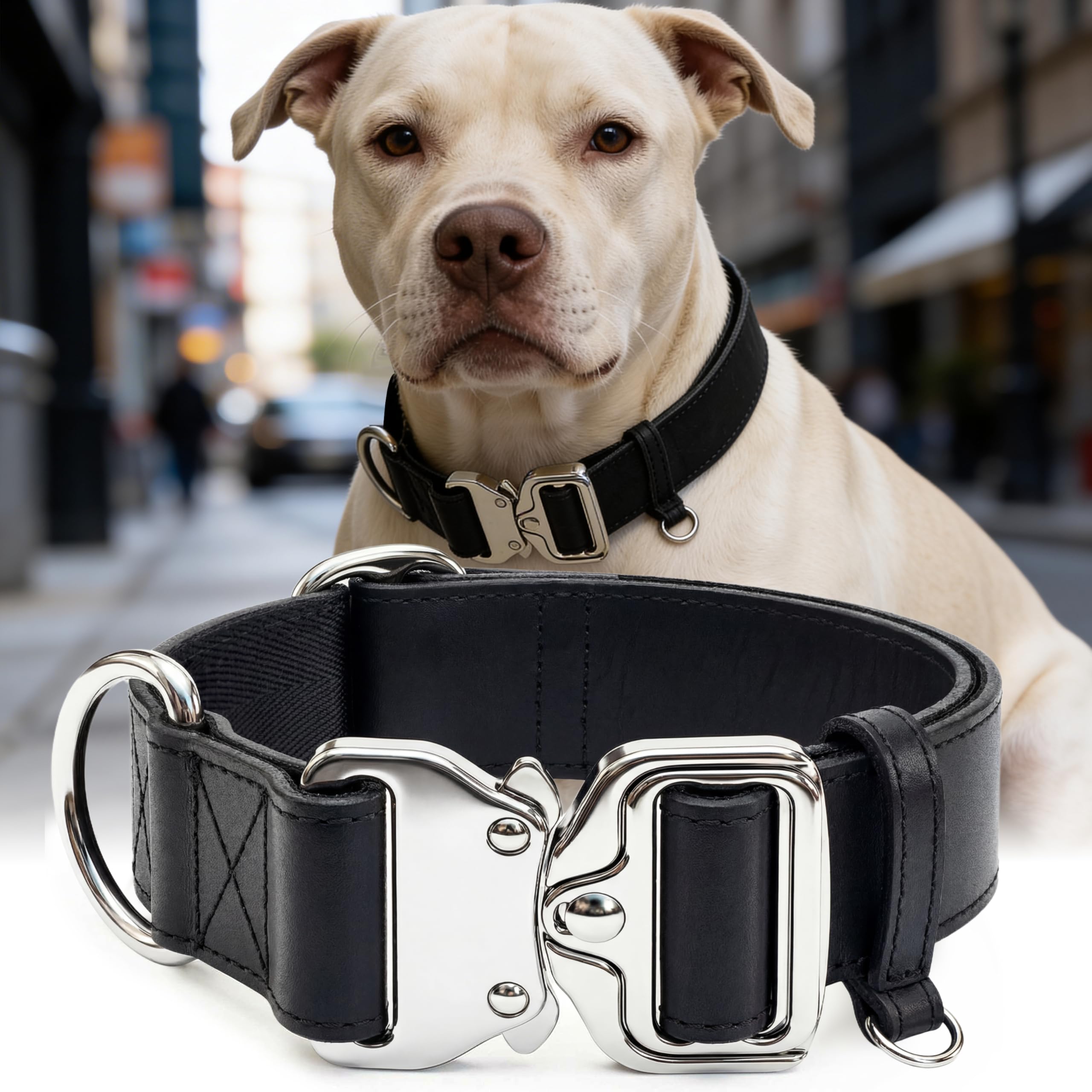 Collare per cani in pelle largo 3,8 cm, a sgancio rapido e design