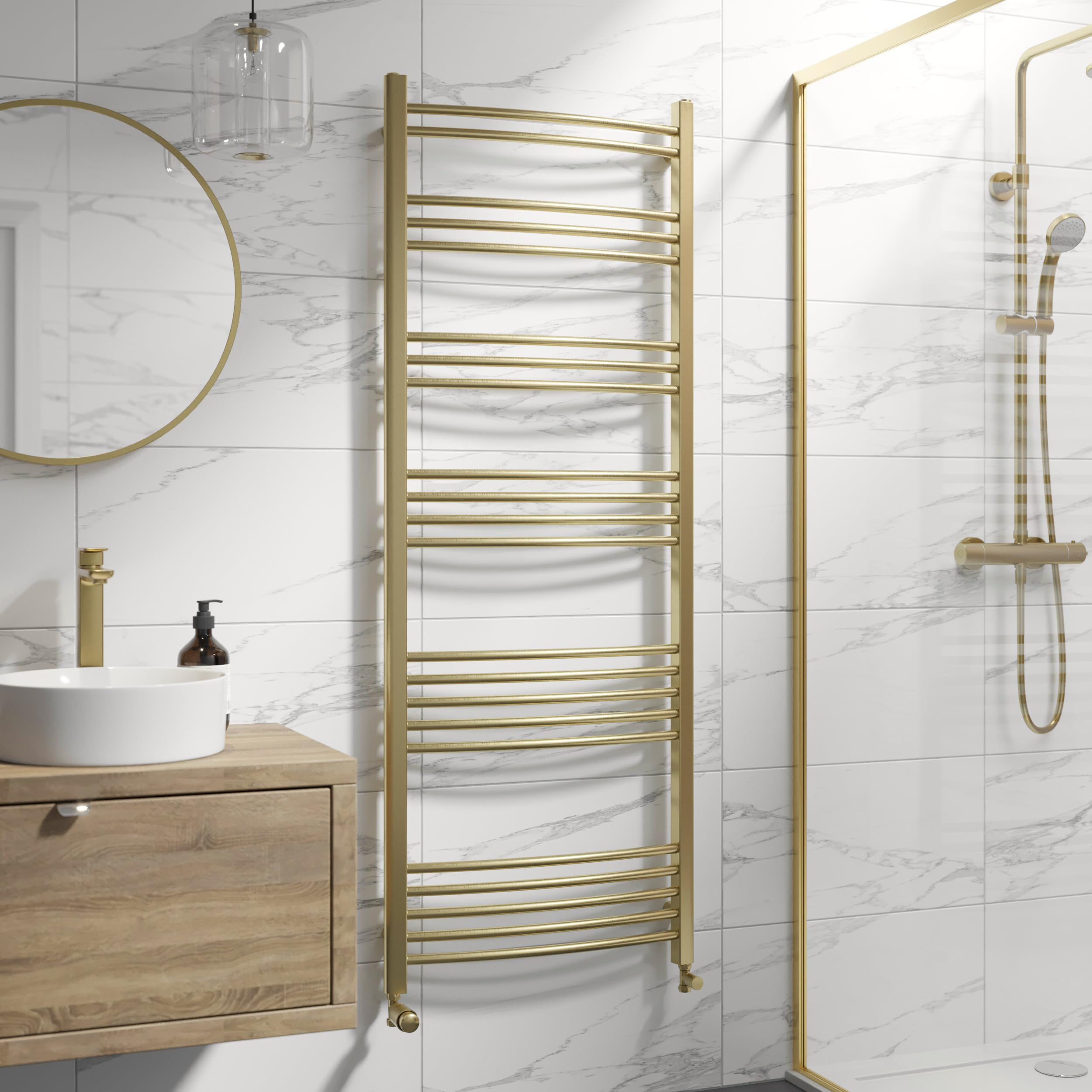 Duratherm Brushed Brass Duratherm® 1600 X 600Mm Curved Heated Towel Rail Radiator Modern Central Heating Bathroom Warmer Wall Mounted Ladder Rad,