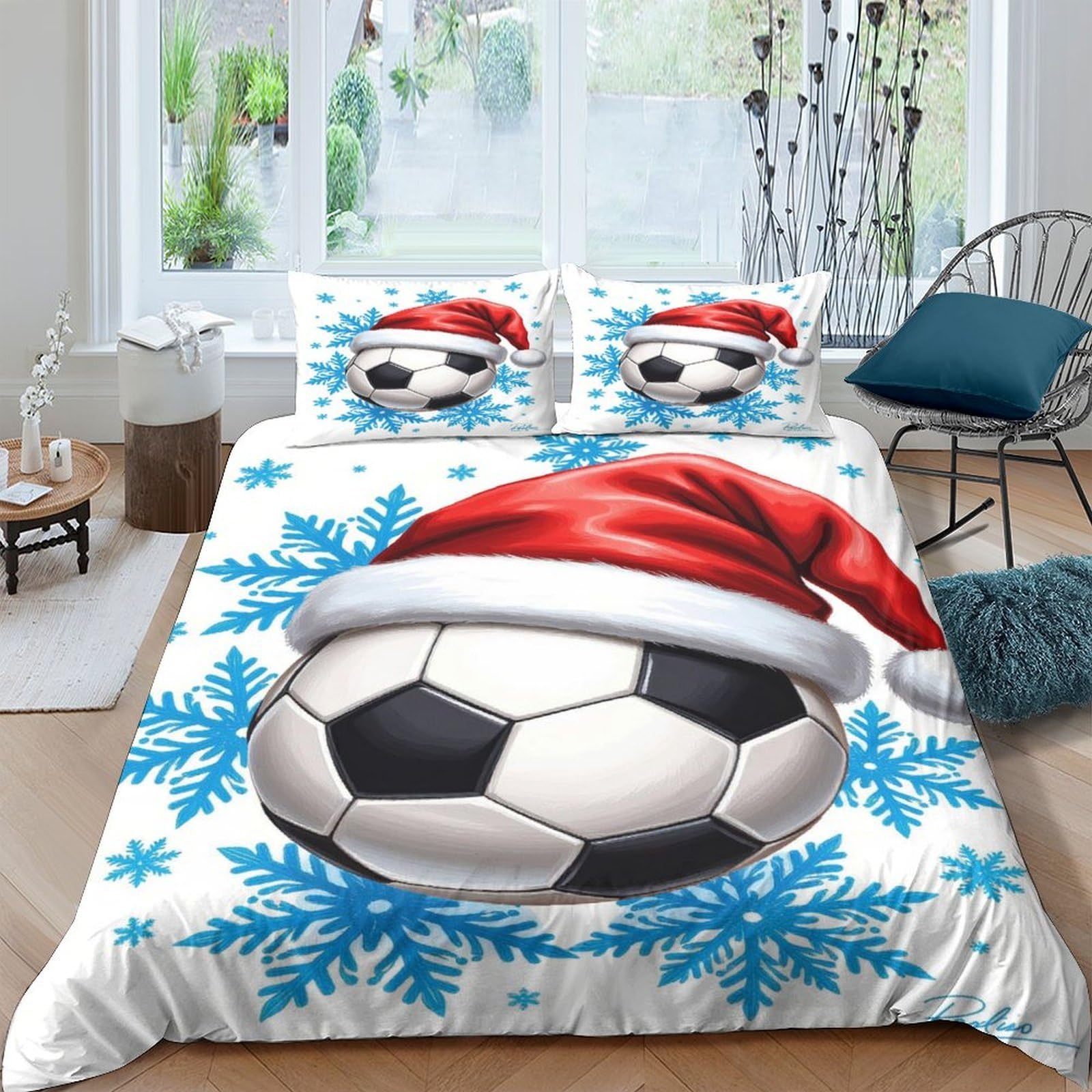 GPLZQXKJNH 3D Printed Christmas Football Duvet Cover Set Microfiber Soft Breathable Snowflake Quilt Cover with 2 Pillowcases for Bedroom Single（135x200cm）