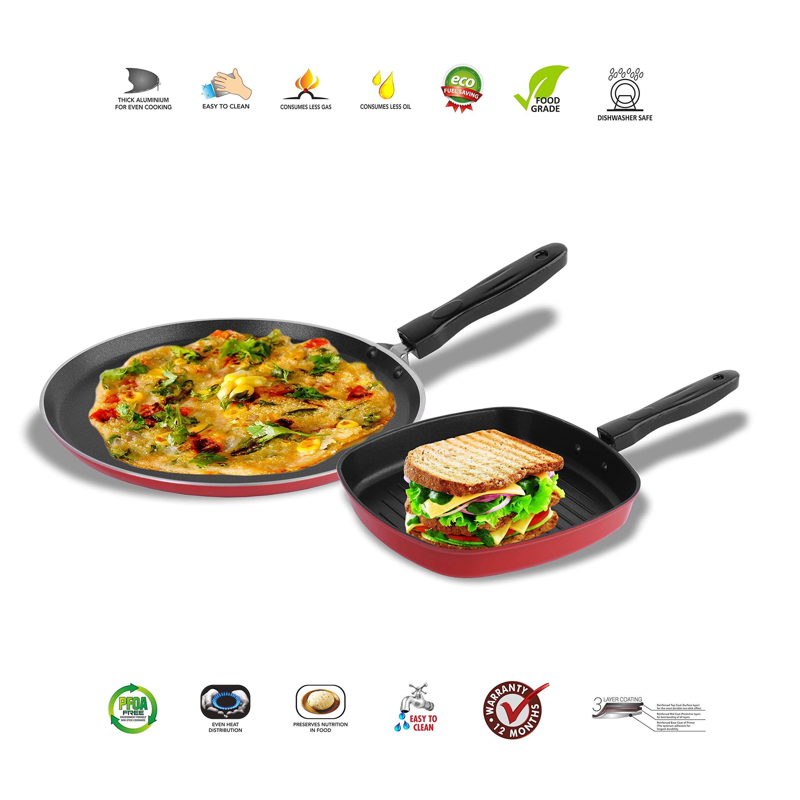 Sumeet 2.6mm Thick Non-Stick Berry Cookware set (Dosa Tawa – 26.5cm Dia + Grill Pan – 1.1Ltr Capacity – 22cm Dia) - Image 2 thumbnail