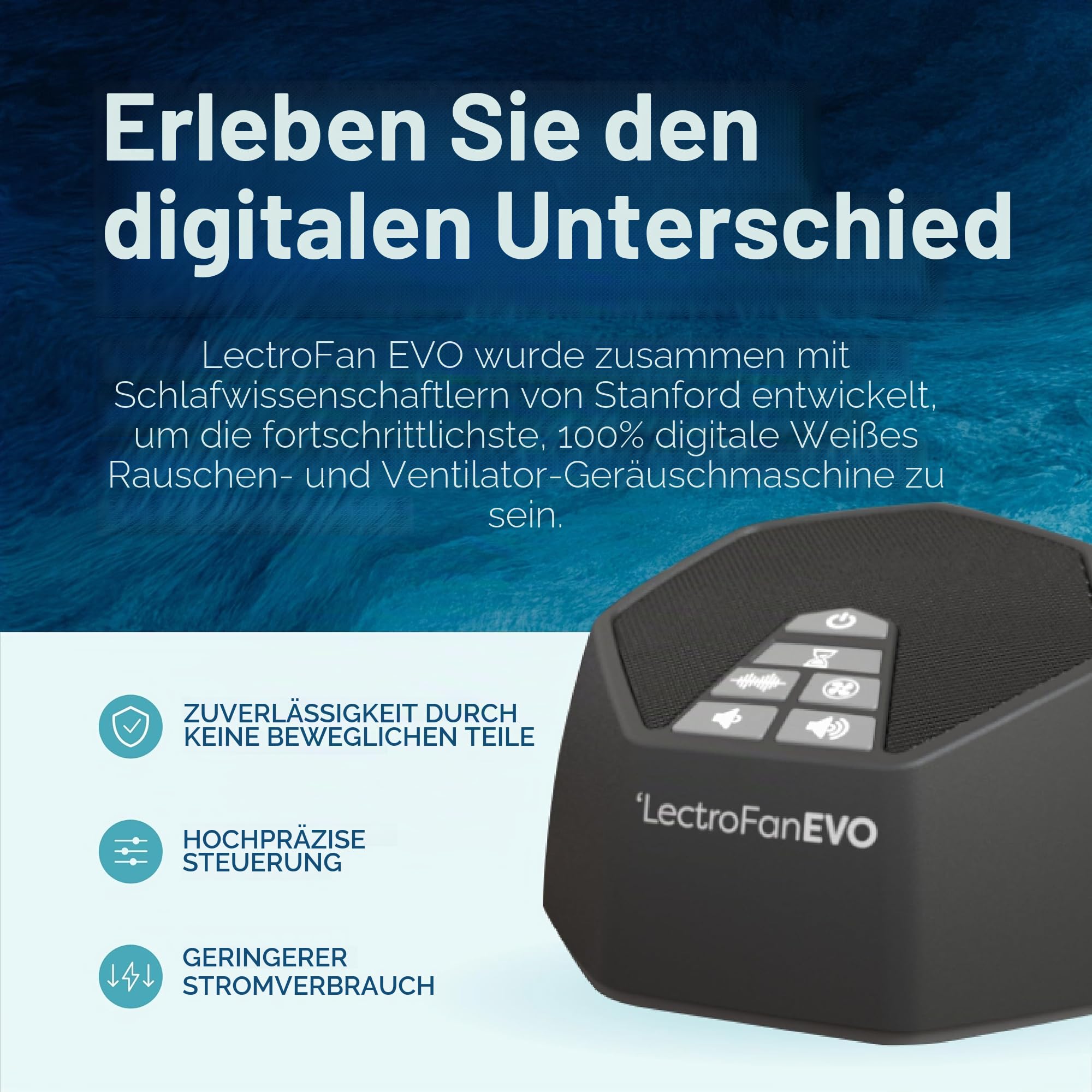 LectroFan Evo White Noise Sound Maschine weißes Rauschen mit 22 einzigartigen Lüfter ohne Schlingen und White-Noise-Sounds und Sleep-Timer (Schwarz)